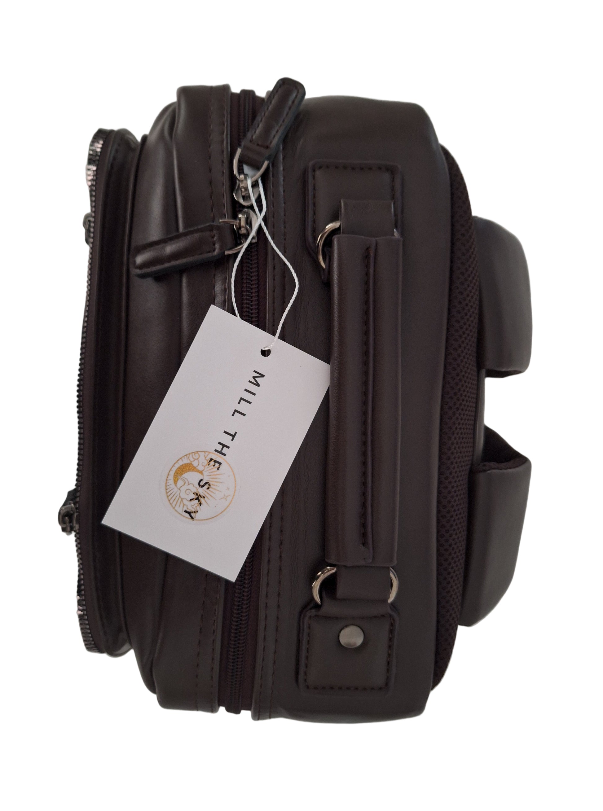 Mill The Sky: Roam-EXEC Square Format Thick Faux Leather City Professional Protective Ultrabook / Laptop Backpack. FLAT BROWN. Handcrafted Mill The Sky