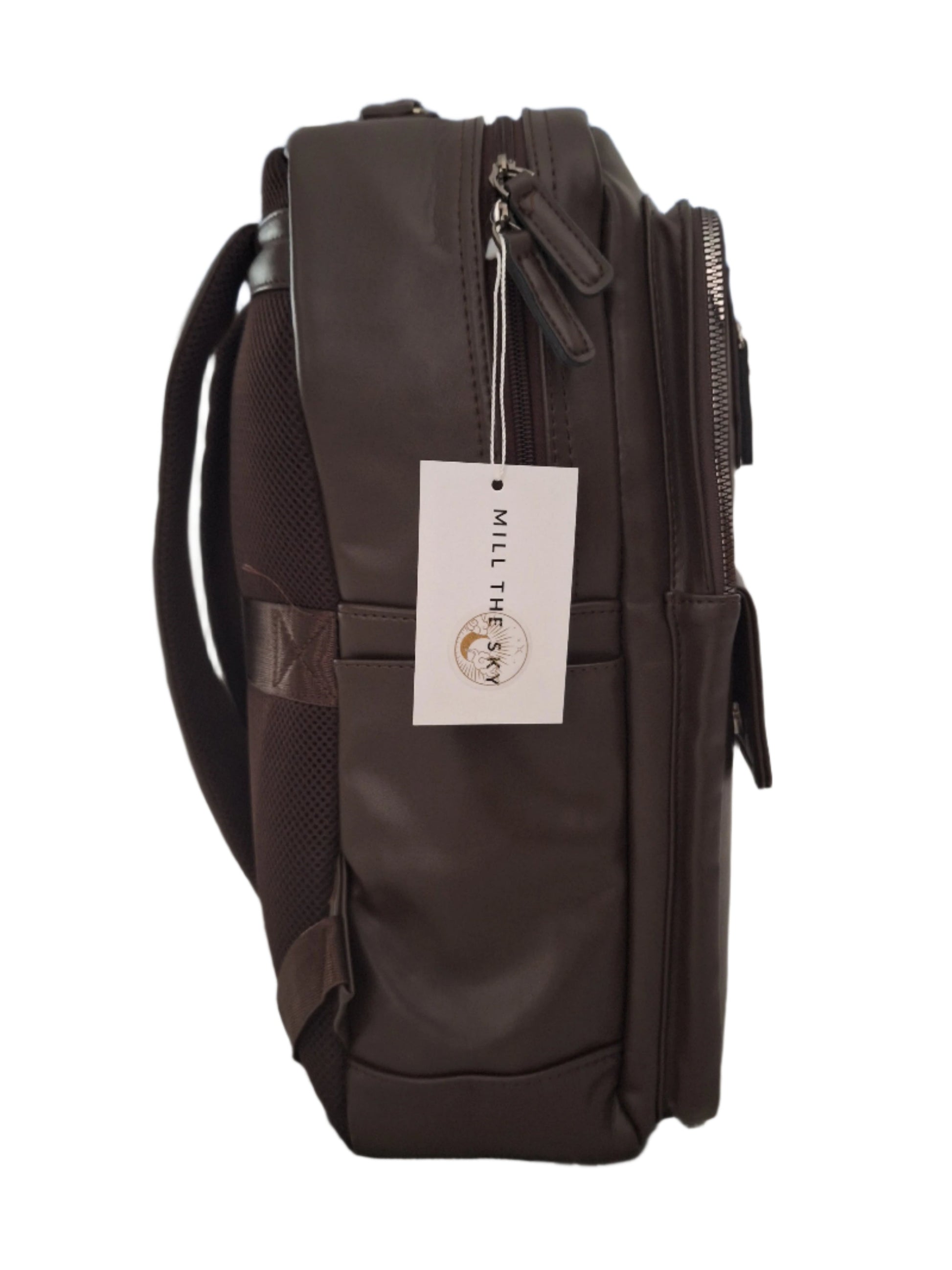 Mill The Sky: Roam-EXEC Square Format Thick Faux Leather City Professional Protective Ultrabook Laptop Backpack. FLAT BROWN. Handcrafted Mill The Sky