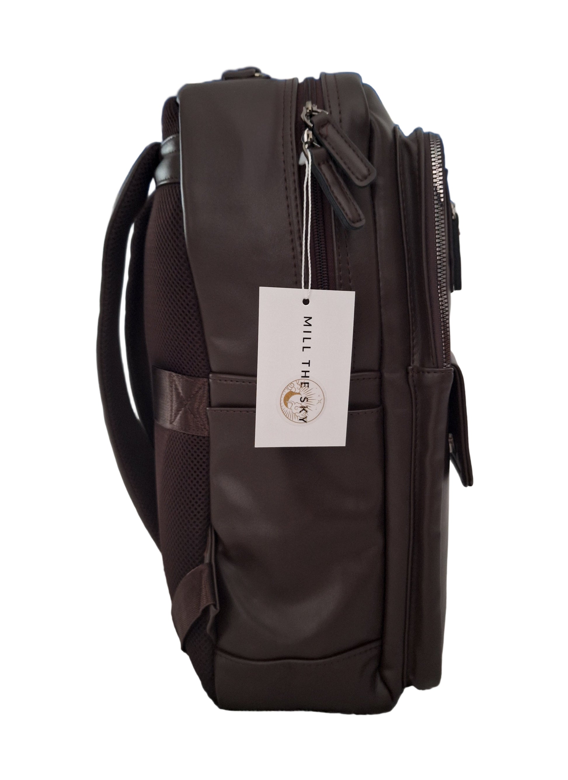 Mill The Sky: Roam-EXEC Square Format Thick Faux Leather City Professional Protective Ultrabook / Laptop Backpack. FLAT BROWN. Handcrafted Mill The Sky