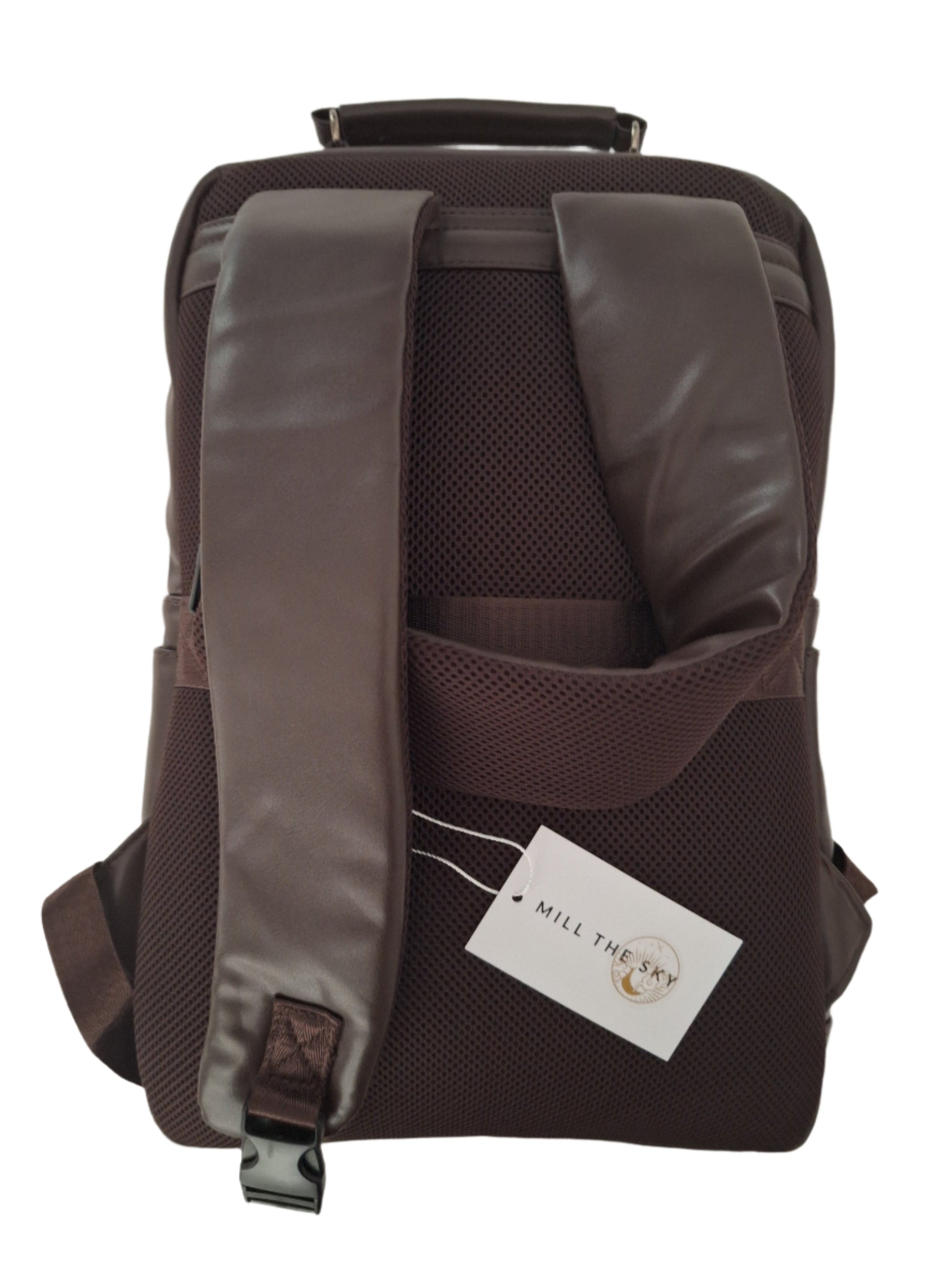 Mill The Sky: Roam-EXEC Square Format Thick Faux Leather City Professional Protective Ultrabook Laptop Backpack. FLAT BROWN. Handcrafted Mill The Sky