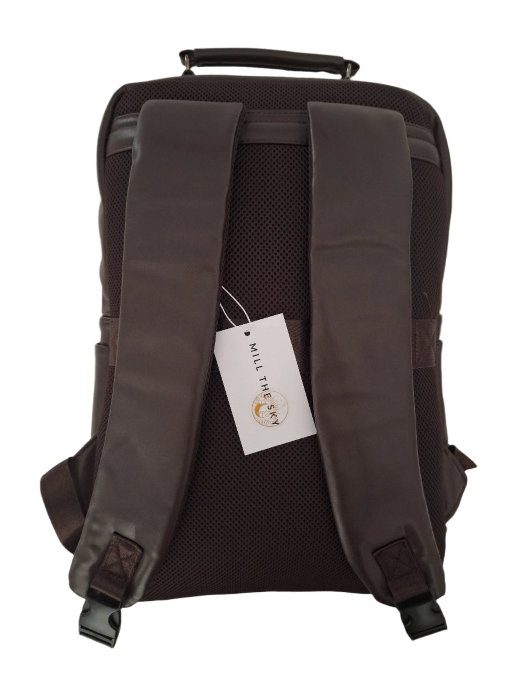 Mill The Sky: Roam-EXEC Square Format Thick Faux Leather City Professional Protective Ultrabook Laptop Backpack. FLAT BROWN. Handcrafted Mill The Sky