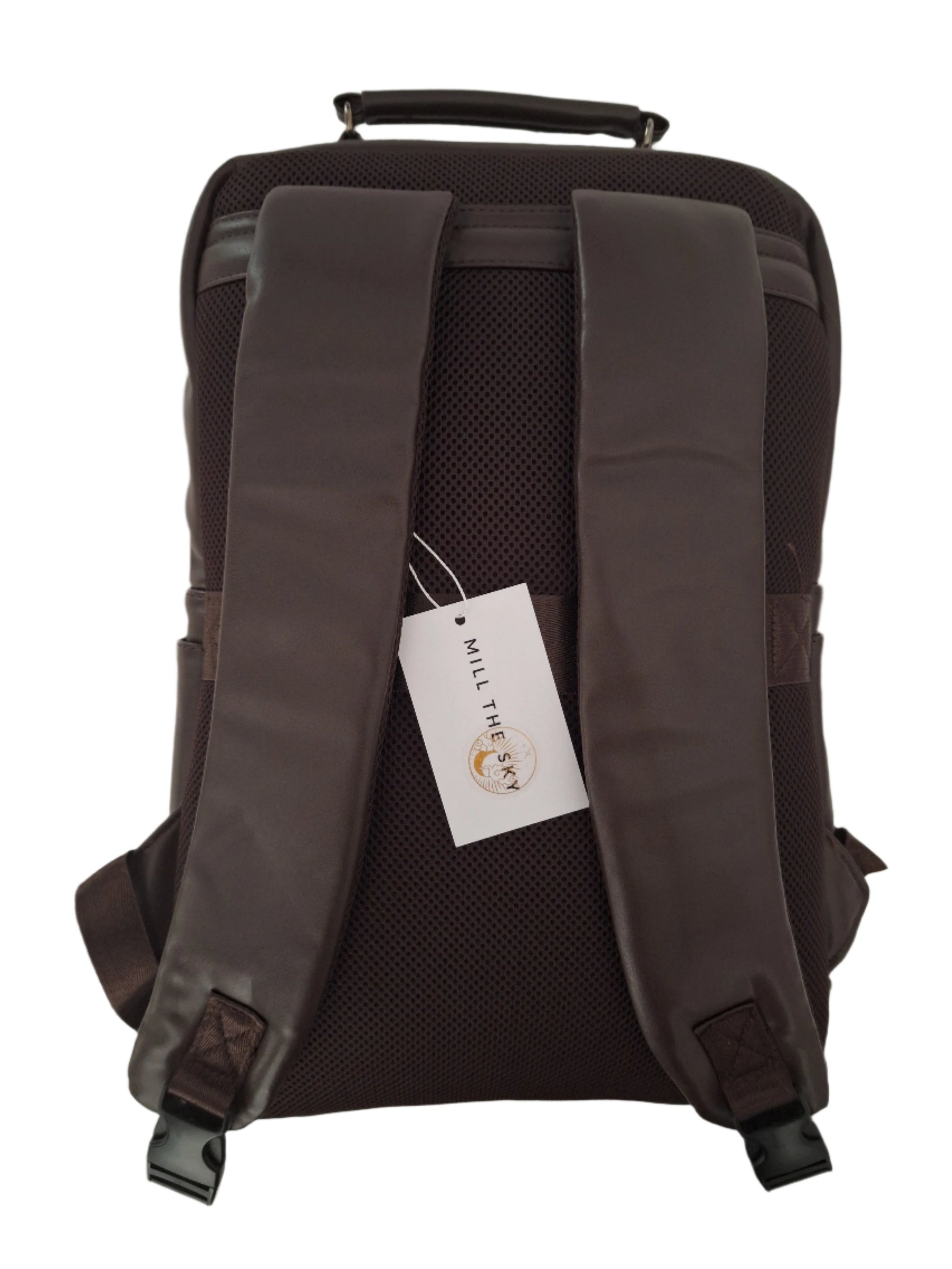 Mill The Sky: Roam-EXEC Square Format Thick Faux Leather City Professional Protective Ultrabook Laptop Backpack. FLAT BROWN. Handcrafted Mill The Sky