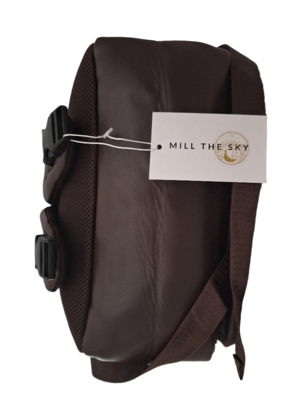 Mill The Sky: Roam-EXEC Square Format Thick Faux Leather City Professional Protective Ultrabook Laptop Backpack. FLAT BROWN. Handcrafted Mill The Sky