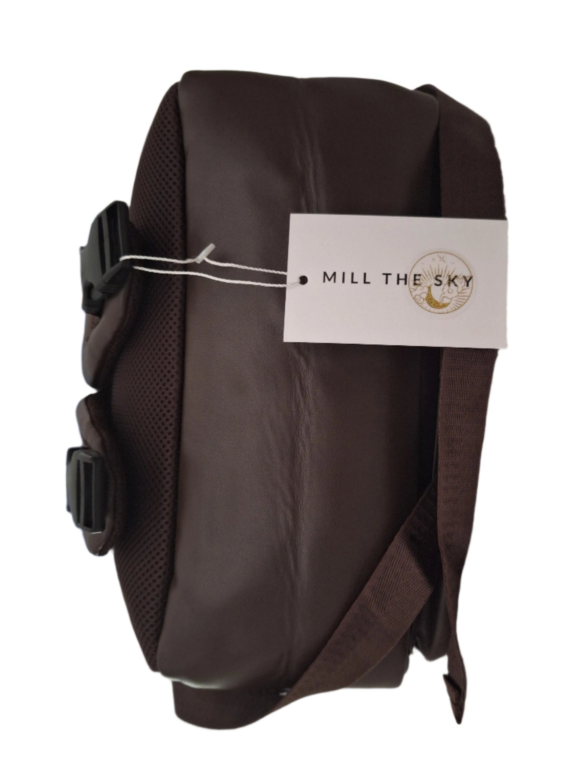 Mill The Sky: Roam-EXEC Square Format Thick Faux Leather City Professional Protective Ultrabook Laptop Backpack. FLAT BROWN. Handcrafted Mill The Sky