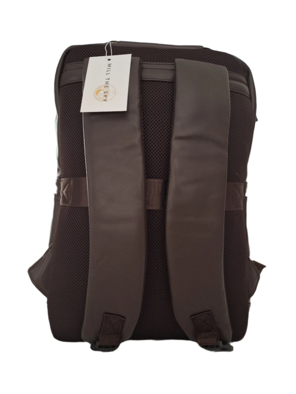 Mill The Sky: Roam-EXEC Square Format Thick Faux Leather City Professional Protective Ultrabook Laptop Backpack. FLAT BROWN. Handcrafted Mill The Sky