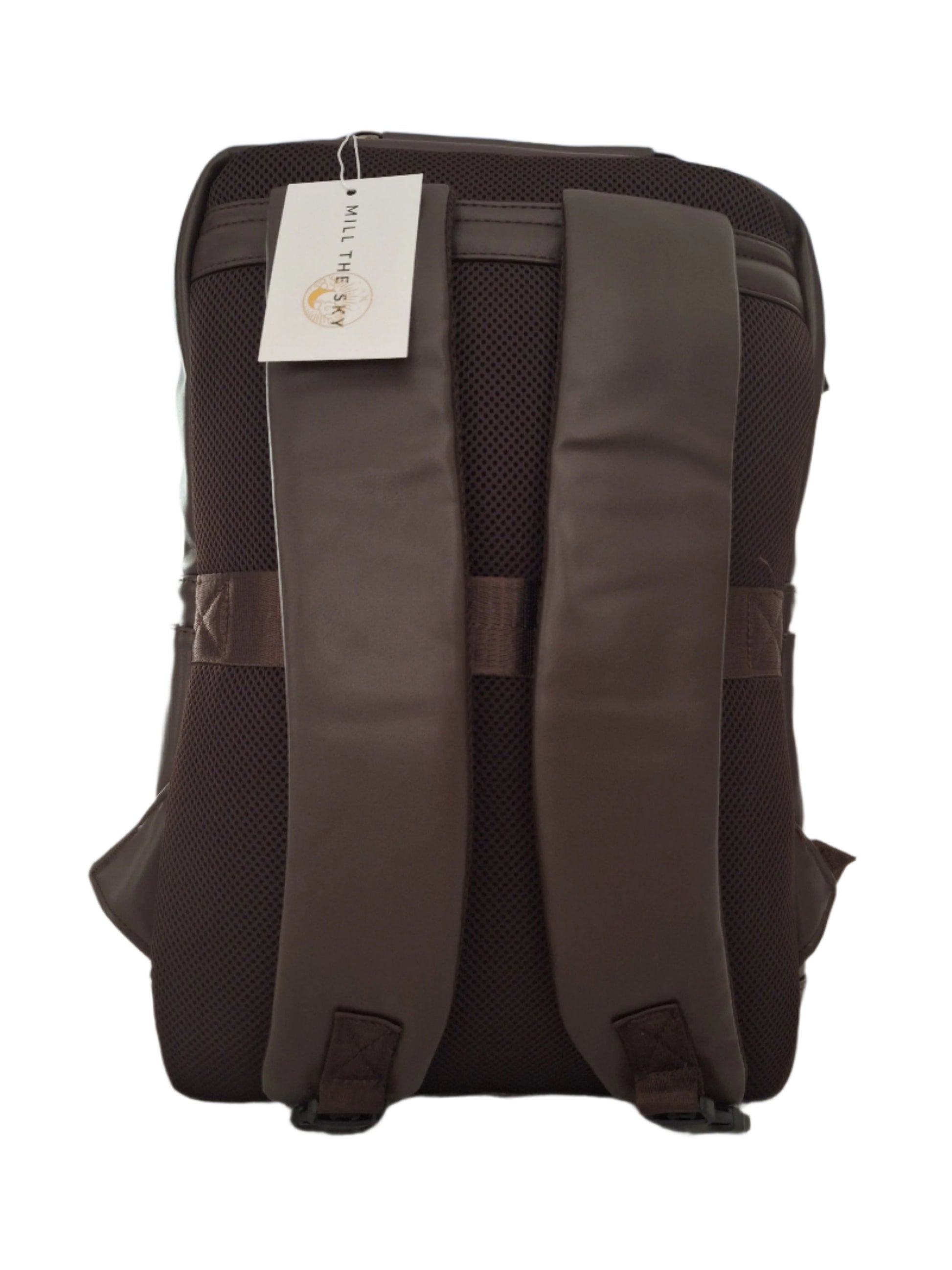 Mill The Sky: Roam-EXEC Square Format Thick Faux Leather City Professional Protective Ultrabook Laptop Backpack. FLAT BROWN. Handcrafted Mill The Sky