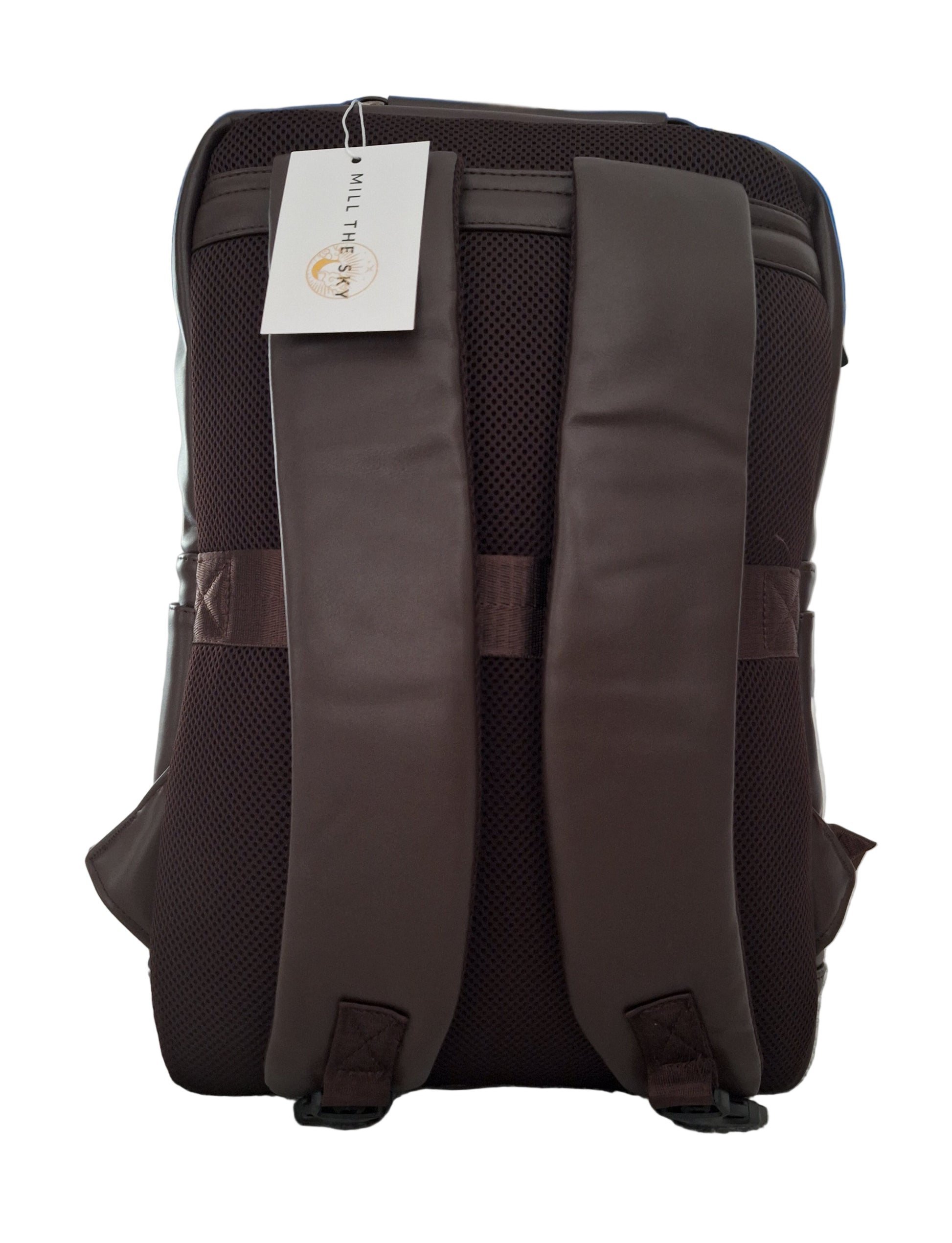 Mill The Sky: Roam-EXEC Square Format Thick Faux Leather City Professional Protective Ultrabook / Laptop Backpack. FLAT BROWN. Handcrafted Mill The Sky
