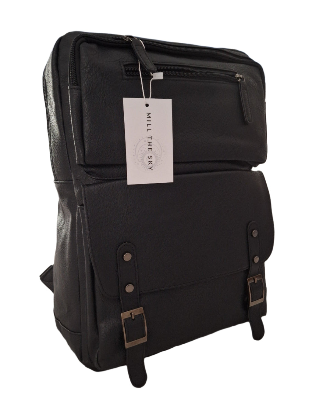 Mill The Sky: Travel-CUBE Heavy Duty Square Retro Vibe Faux Leather Backpack. JET BLACK. Handcrafted Mill The Sky