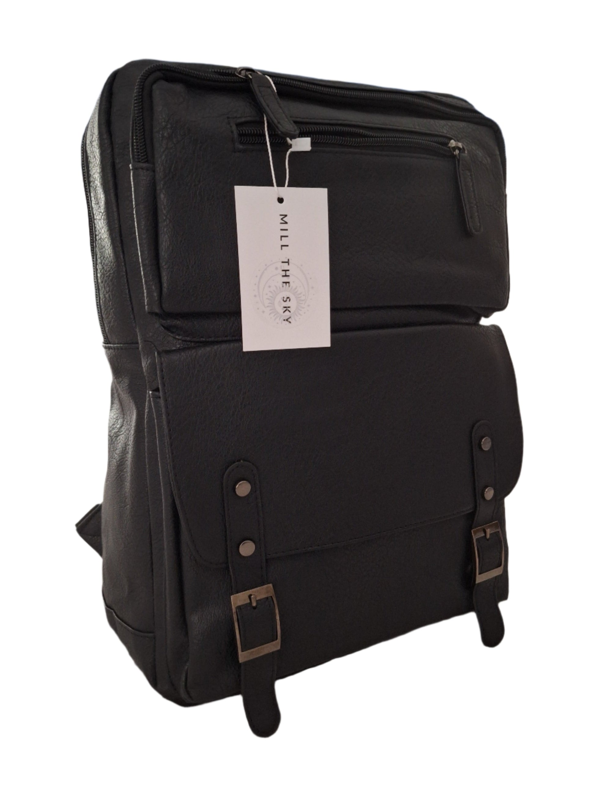 Mill The Sky: Travel-CUBE Heavy Duty Square Retro Vibe Faux Leather Backpack. JET BLACK. Handcrafted Mill The Sky