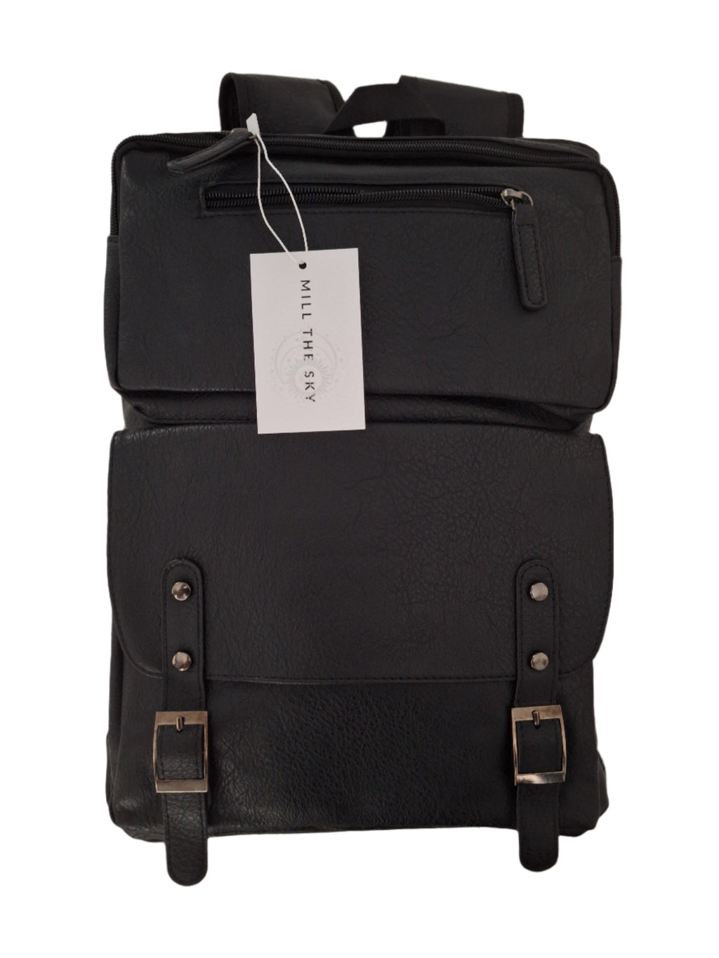 Mill The Sky: Travel-CUBE Heavy Duty Square Retro Vibe Faux Leather Backpack. JET BLACK. Handcrafted Mill The Sky
