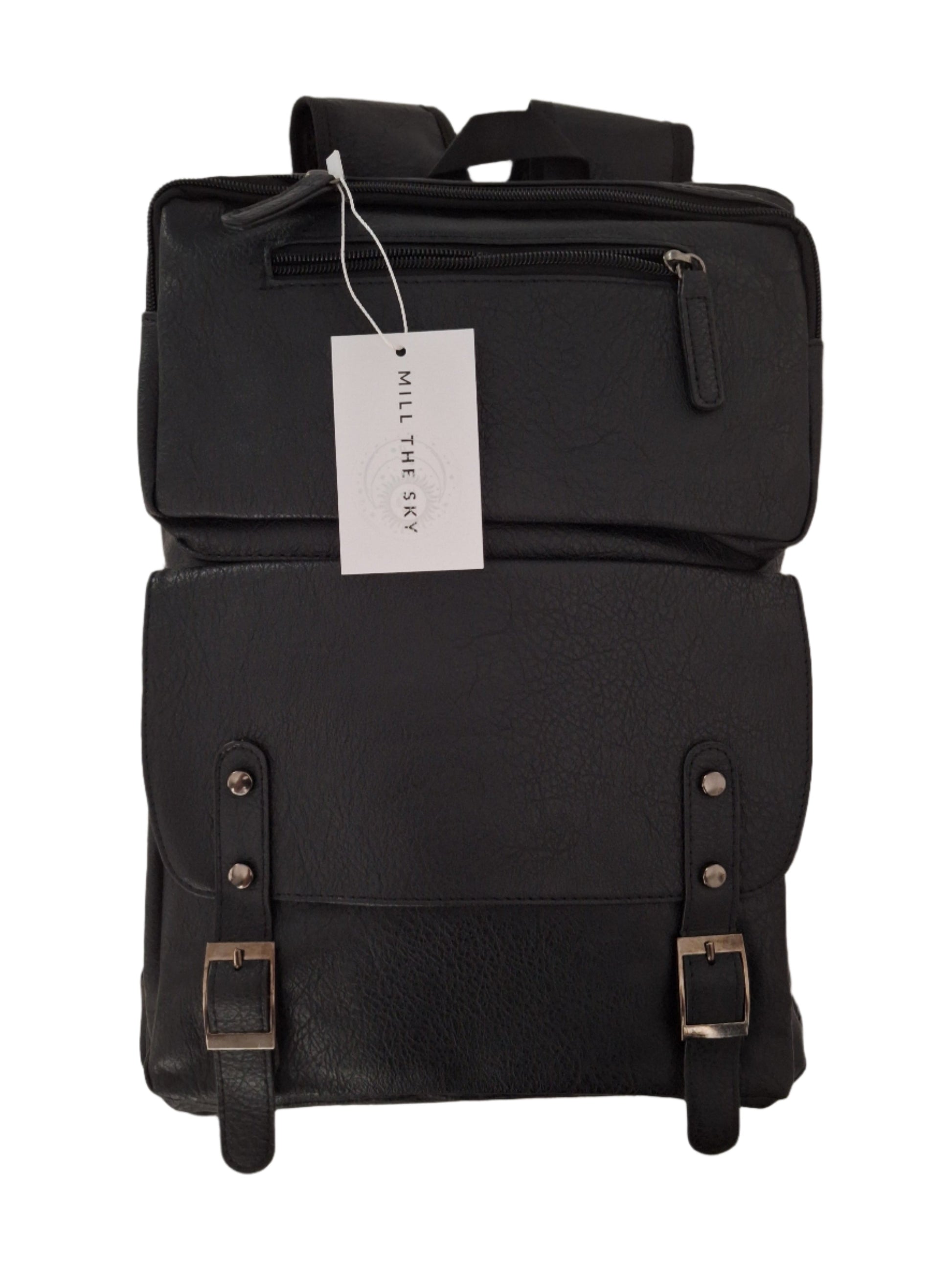 Mill The Sky: Travel-CUBE Heavy Duty Square Retro Vibe Faux Leather Backpack. JET BLACK. Handcrafted Mill The Sky
