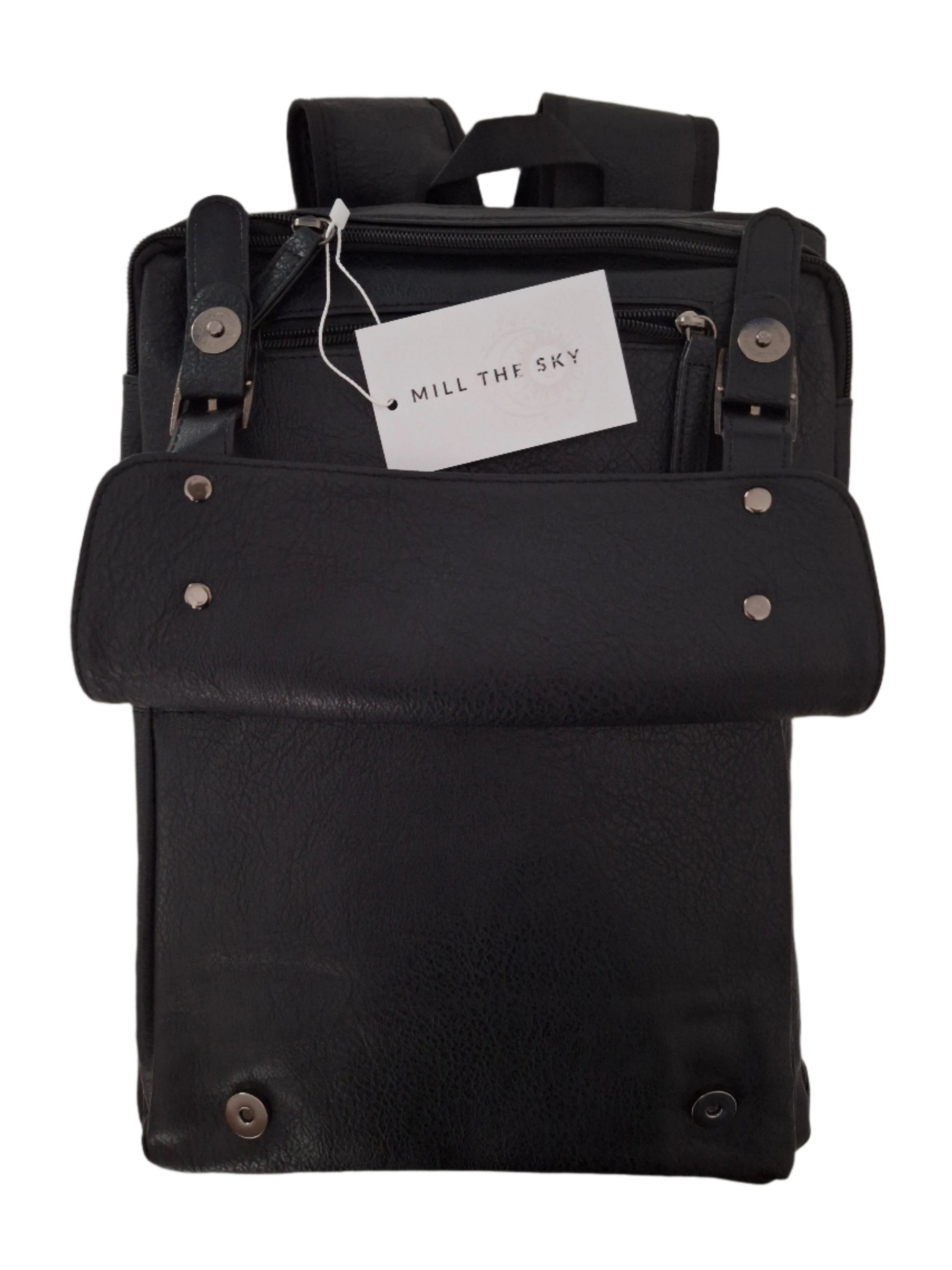 Mill The Sky: Travel-CUBE Heavy Duty Square Retro Vibe Faux Leather Backpack. JET BLACK. Handcrafted Mill The Sky