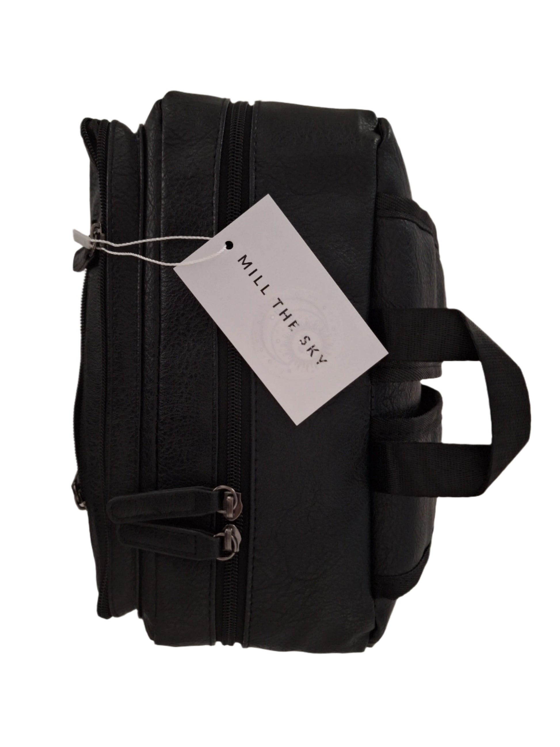 Mill The Sky: Travel-CUBE Heavy Duty Square Retro Vibe Faux Leather Backpack. JET BLACK. Handcrafted Mill The Sky