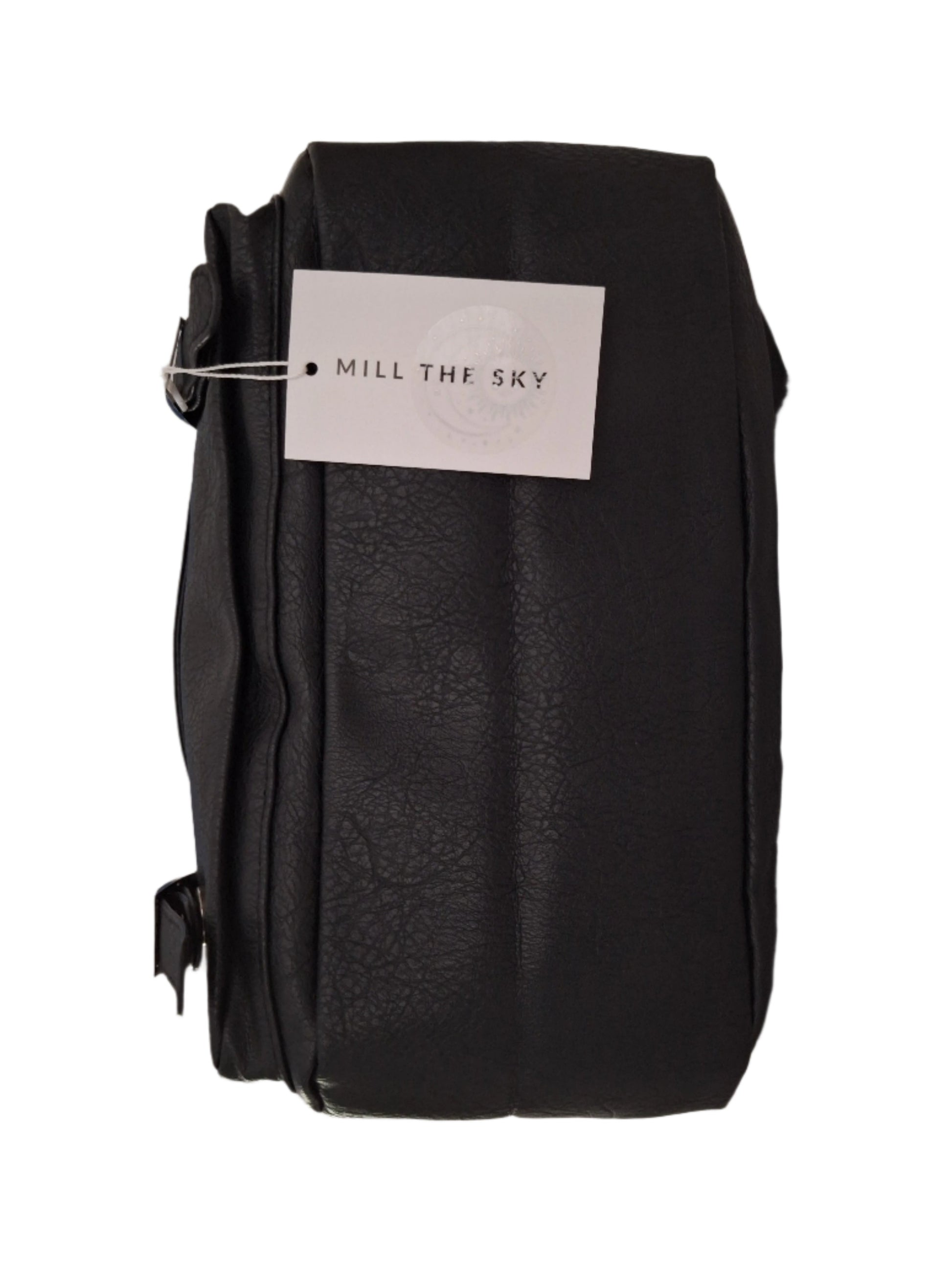 Mill The Sky: Travel-CUBE Heavy Duty Square Retro Vibe Faux Leather Backpack. JET BLACK. Handcrafted Mill The Sky
