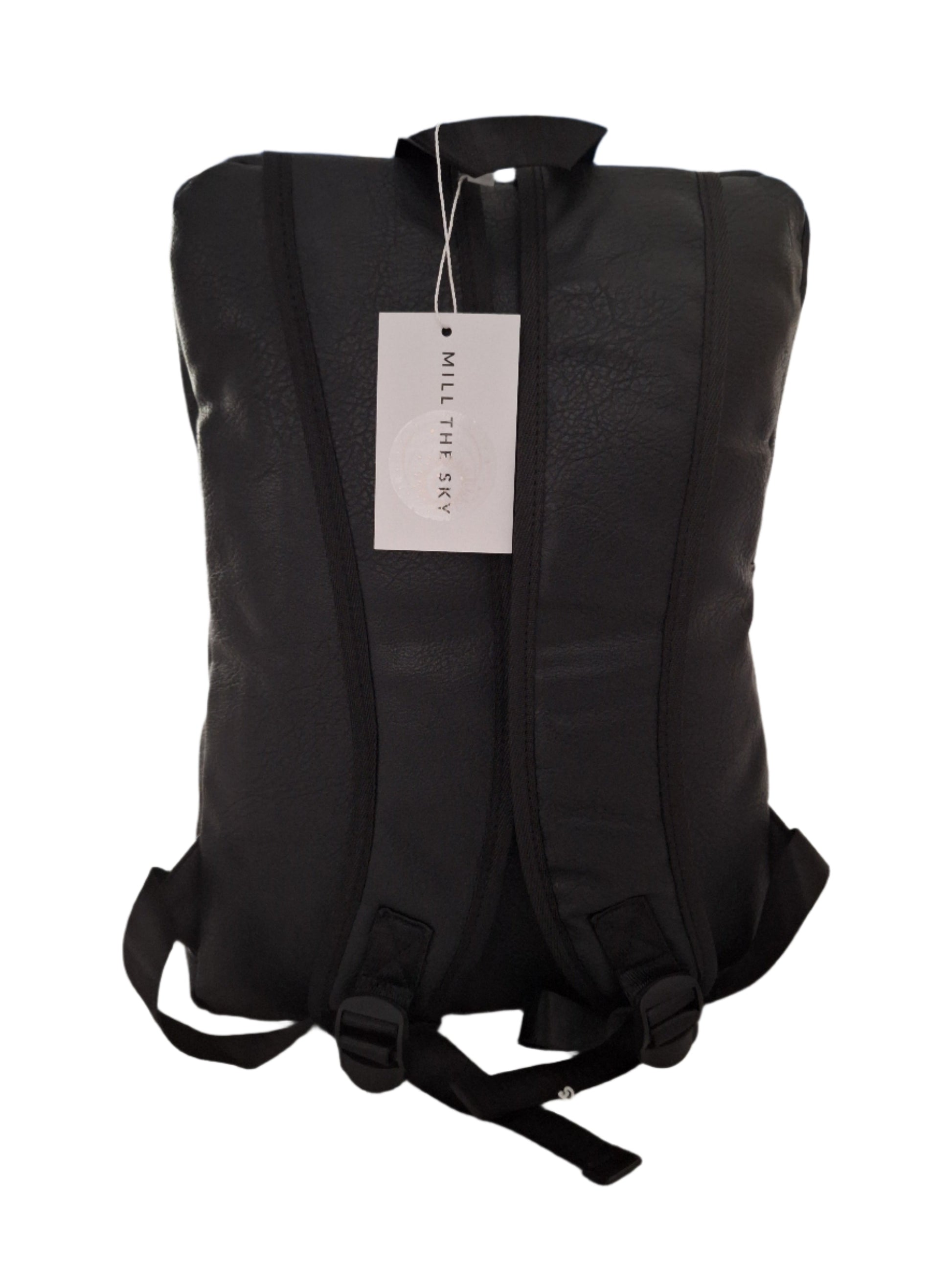 Mill The Sky: Travel-CUBE Heavy Duty Square Retro Vibe Faux Leather Backpack. JET BLACK. Handcrafted Mill The Sky