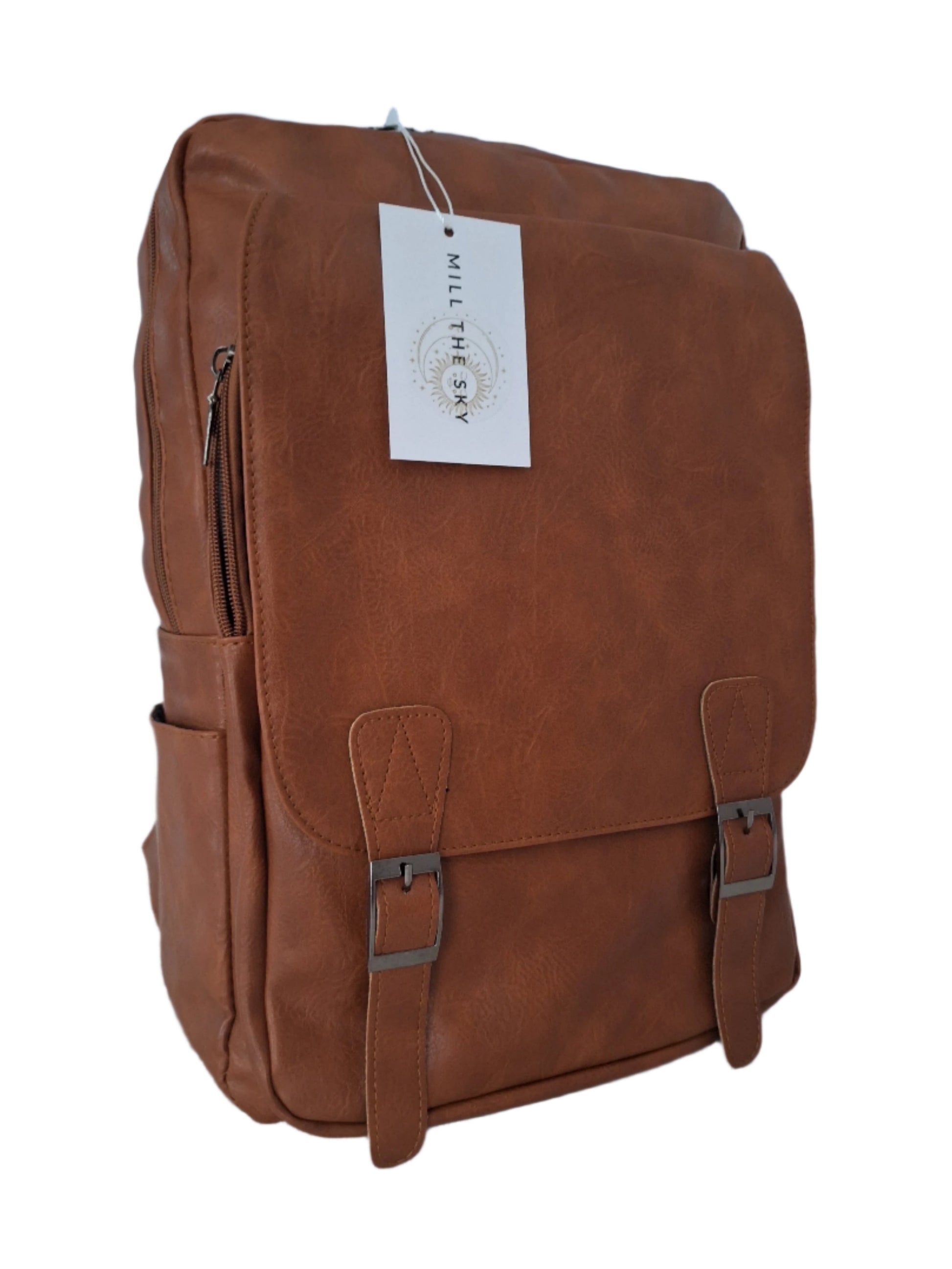 Mill The Sky: Rock-BOX Distressed Imitation Faux Leather Handcrafted Front Foldable Travel Commuting Backpack / Bag in WASHED TAN Mill The Sky