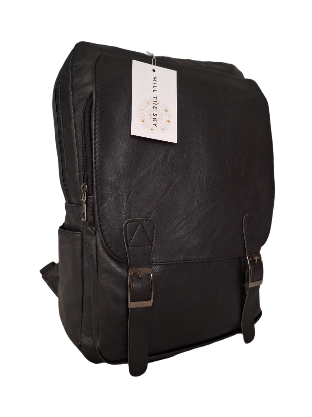 Mill The Sky: Rock-BOX Distressed Imitation Faux Leather Handcrafted Front Foldable Travel Commuting Backpack / Bag in JET BLACK Mill The Sky
