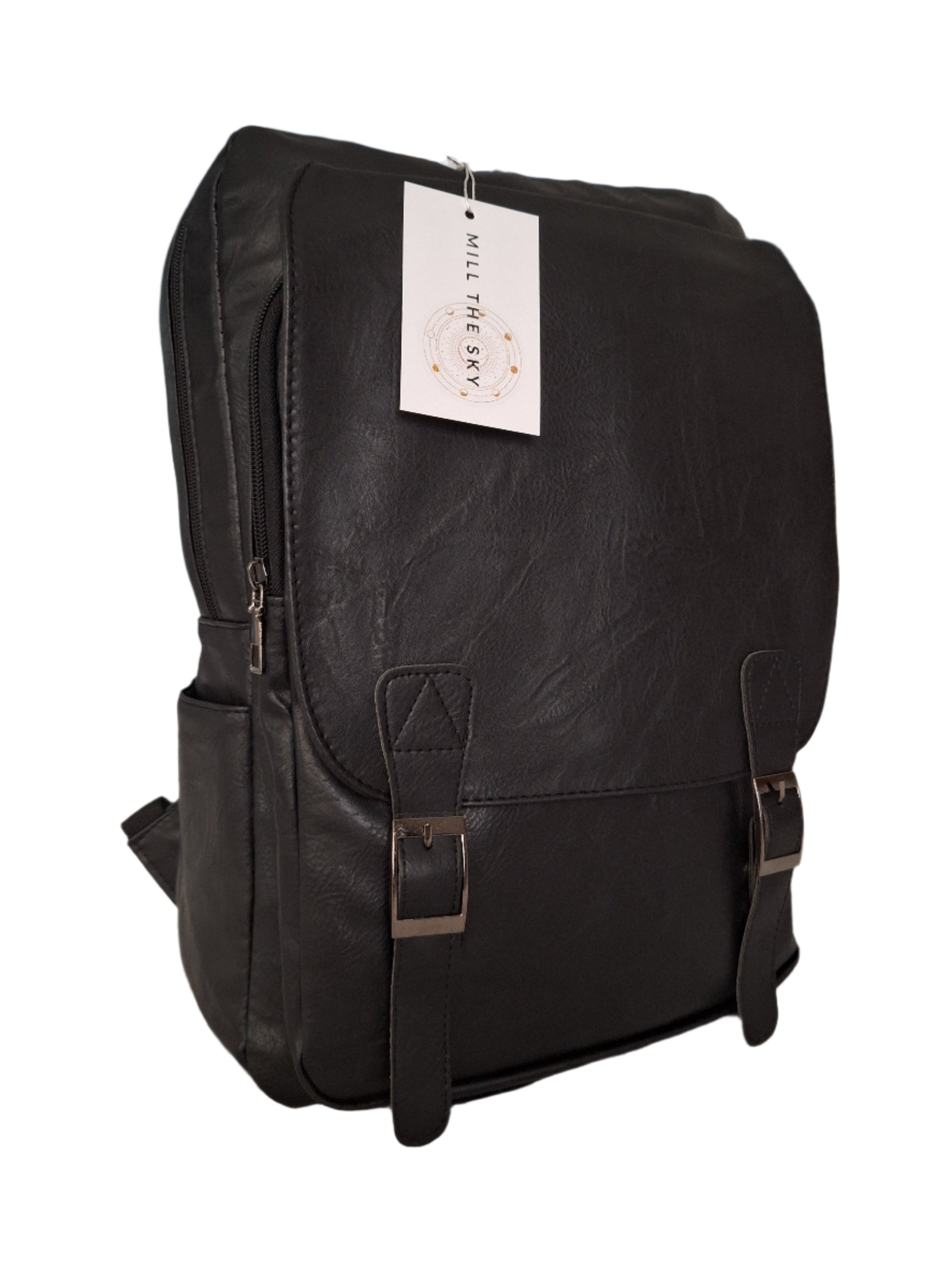 Mill The Sky: Rock-BOX Distressed Imitation Faux Leather Handcrafted Front Foldable Travel Commuting Backpack / Bag in JET BLACK Mill The Sky