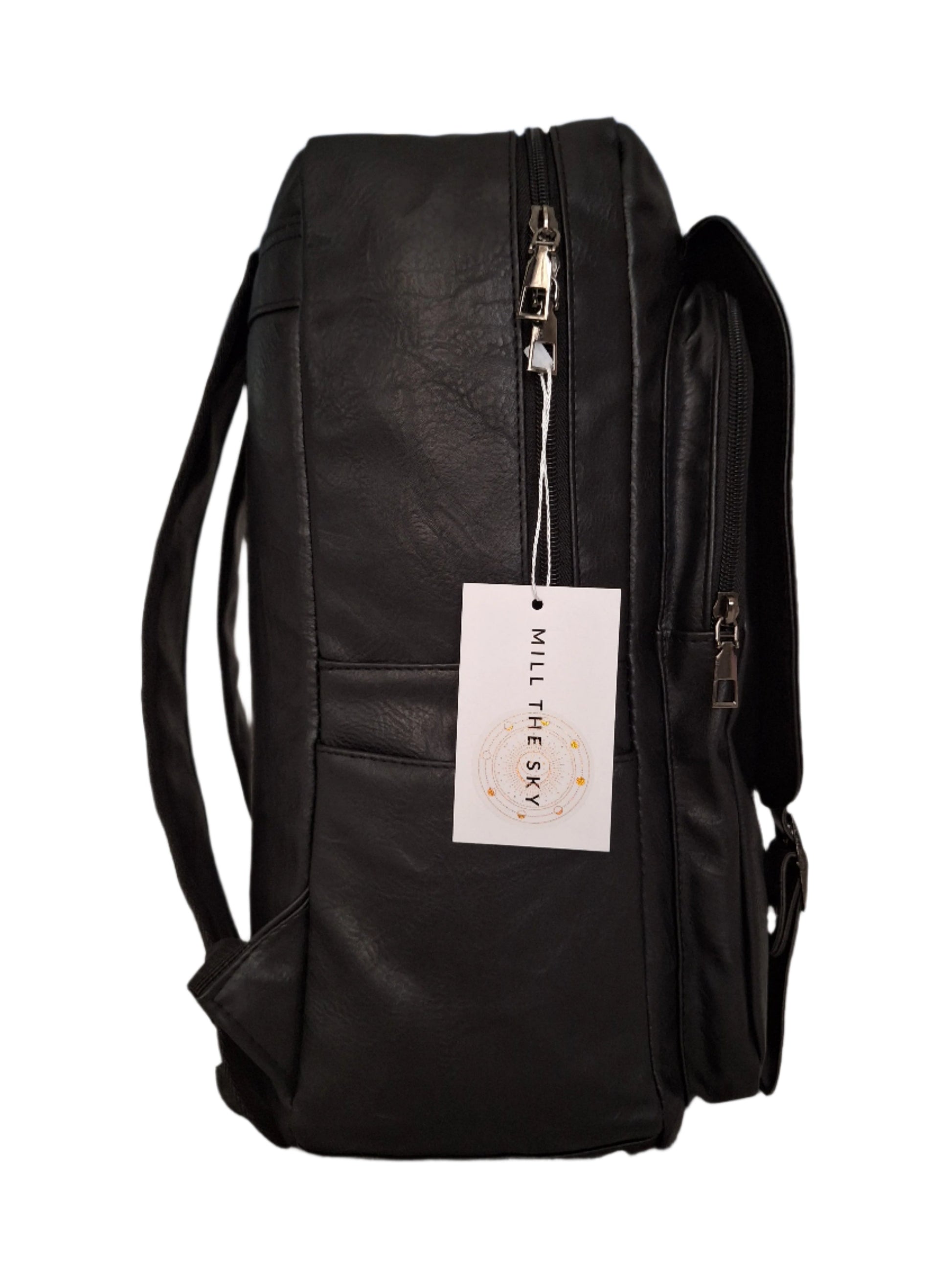 Mill The Sky: Rock-BOX Distressed Imitation Faux Leather Handcrafted Front Foldable Travel Commuting Backpack / Bag in JET BLACK Mill The Sky