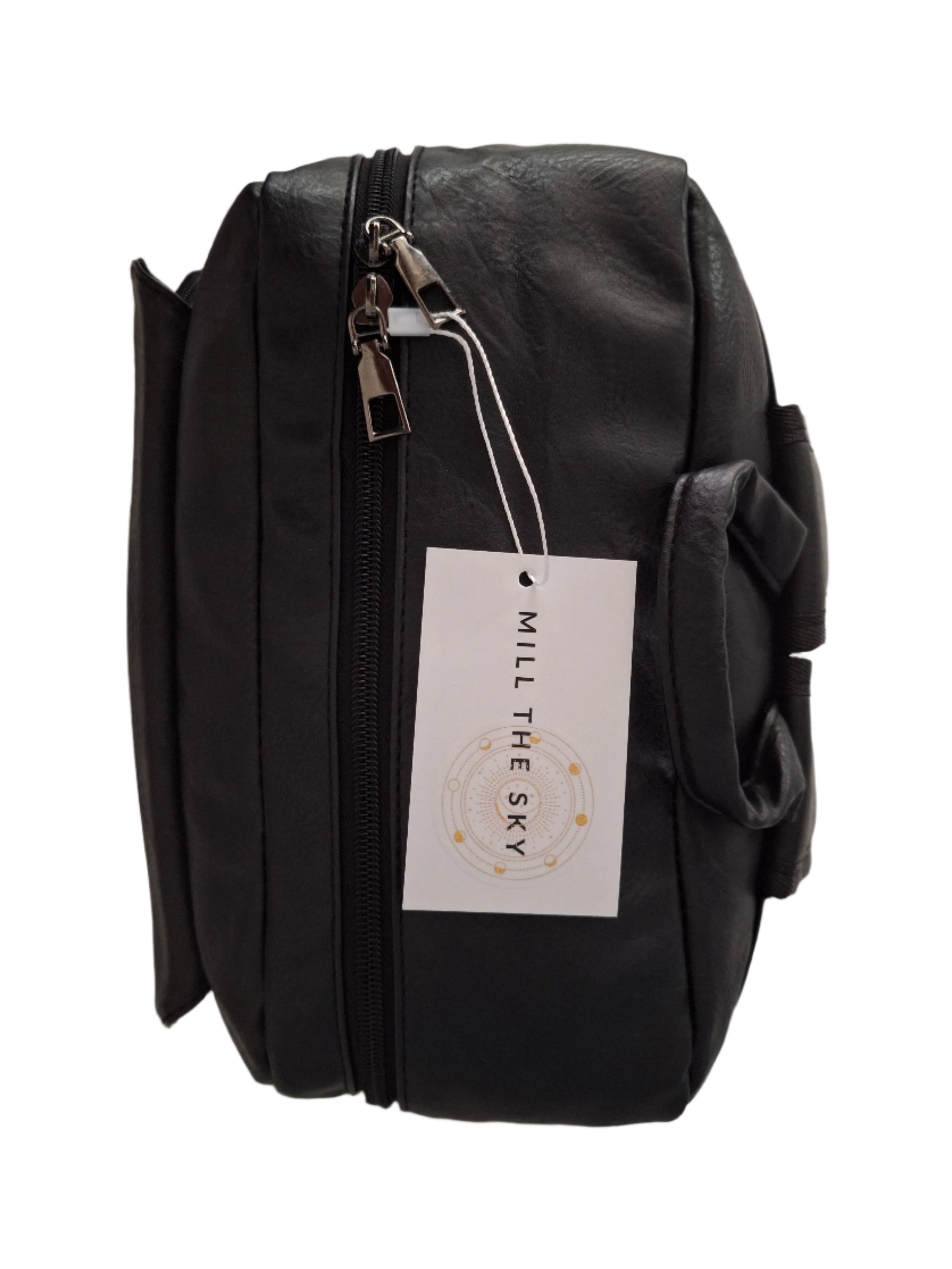 Mill The Sky: Rock-BOX Distressed Imitation Faux Leather Handcrafted Front Foldable Travel Commuting Backpack / Bag in JET BLACK Mill The Sky