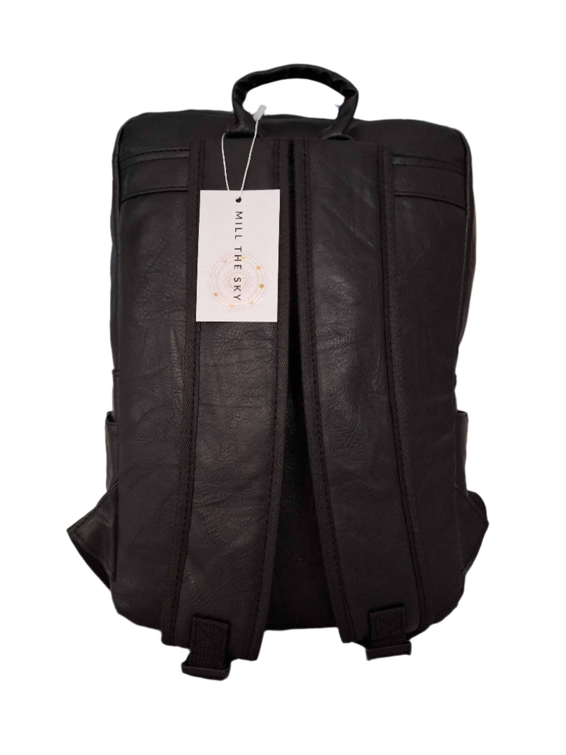 Mill The Sky: Rock-BOX Distressed Imitation Faux Leather Handcrafted Front Foldable Travel Commuting Backpack / Bag in JET BLACK Mill The Sky