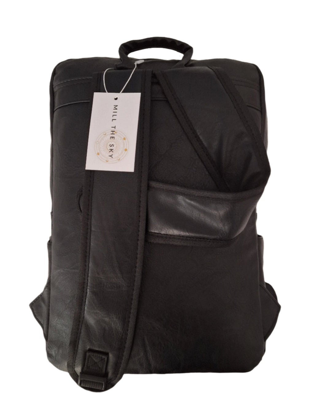 Mill The Sky: Rock-BOX Distressed Imitation Faux Leather Handcrafted Front Foldable Travel Commuting Backpack / Bag in JET BLACK Mill The Sky