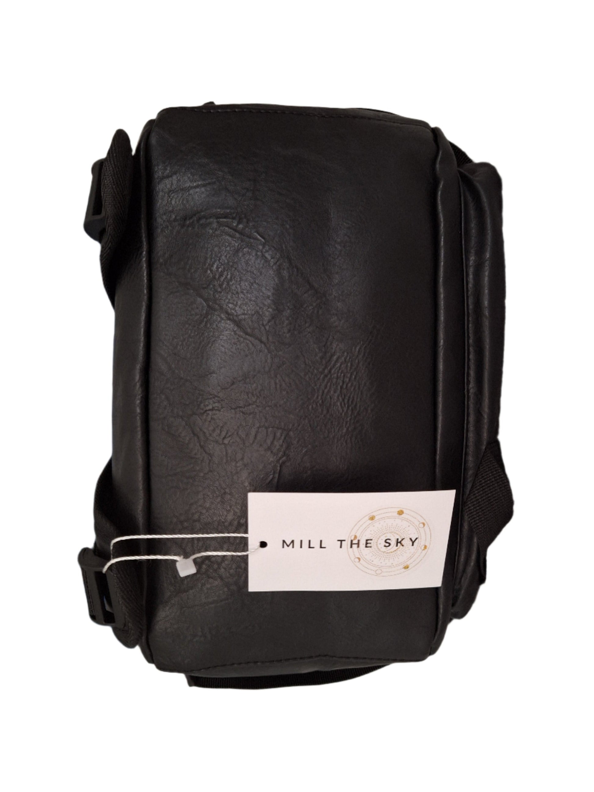 Mill The Sky: Rock-BOX Distressed Imitation Faux Leather Handcrafted Front Foldable Travel Commuting Backpack / Bag in JET BLACK Mill The Sky