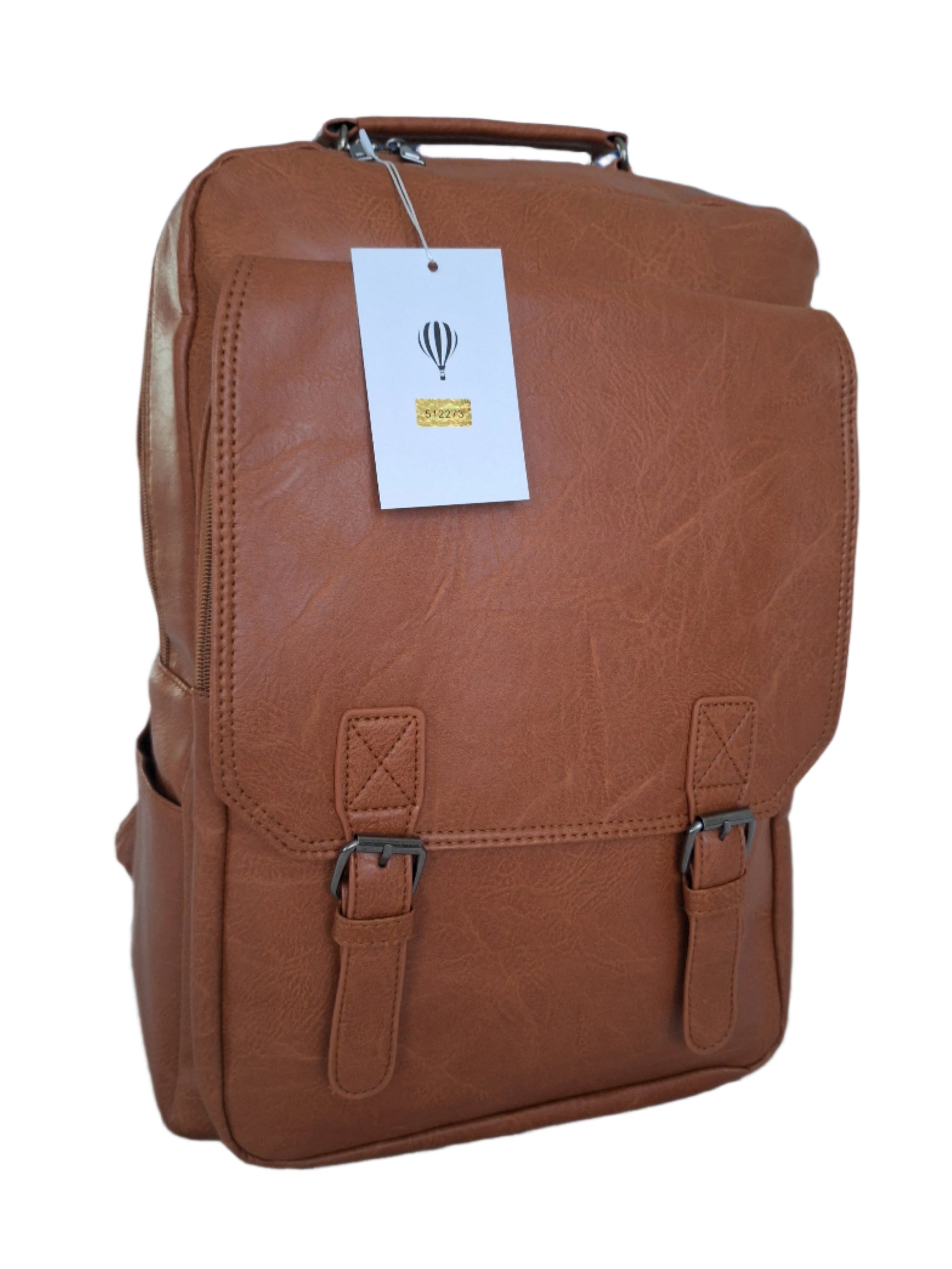 Mill The Sky: Caramel-BLOC Square Distressed Faux Leather Fold & Top Hold Backpack. JET BLACK. Heavy Duty Mesh Straps Mill The Sky