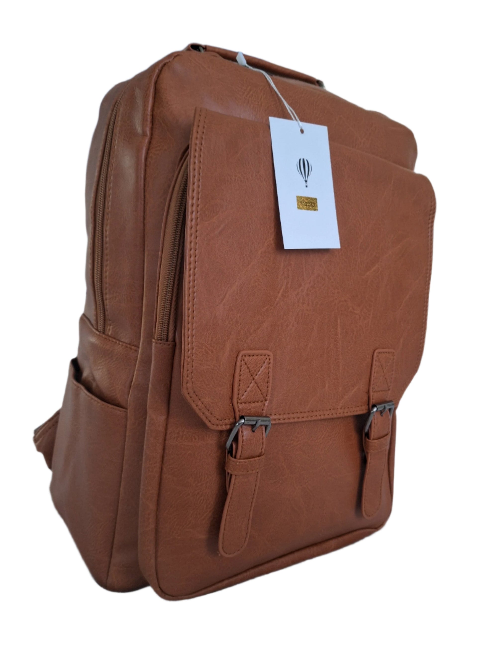 Mill The Sky: Caramel-BLOC Square Distressed Faux Leather Fold & Top Hold Backpack. JET BLACK. Heavy Duty Mesh Straps Mill The Sky