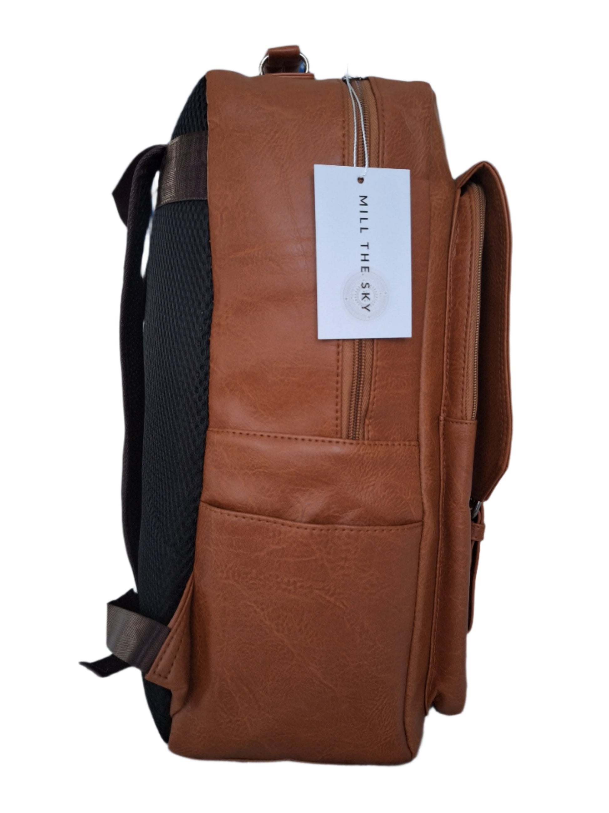 Mill The Sky: Caramel-BLOC Square Distressed Faux Leather Fold & Top Hold Backpack. JET BLACK. Heavy Duty Mesh Straps Mill The Sky