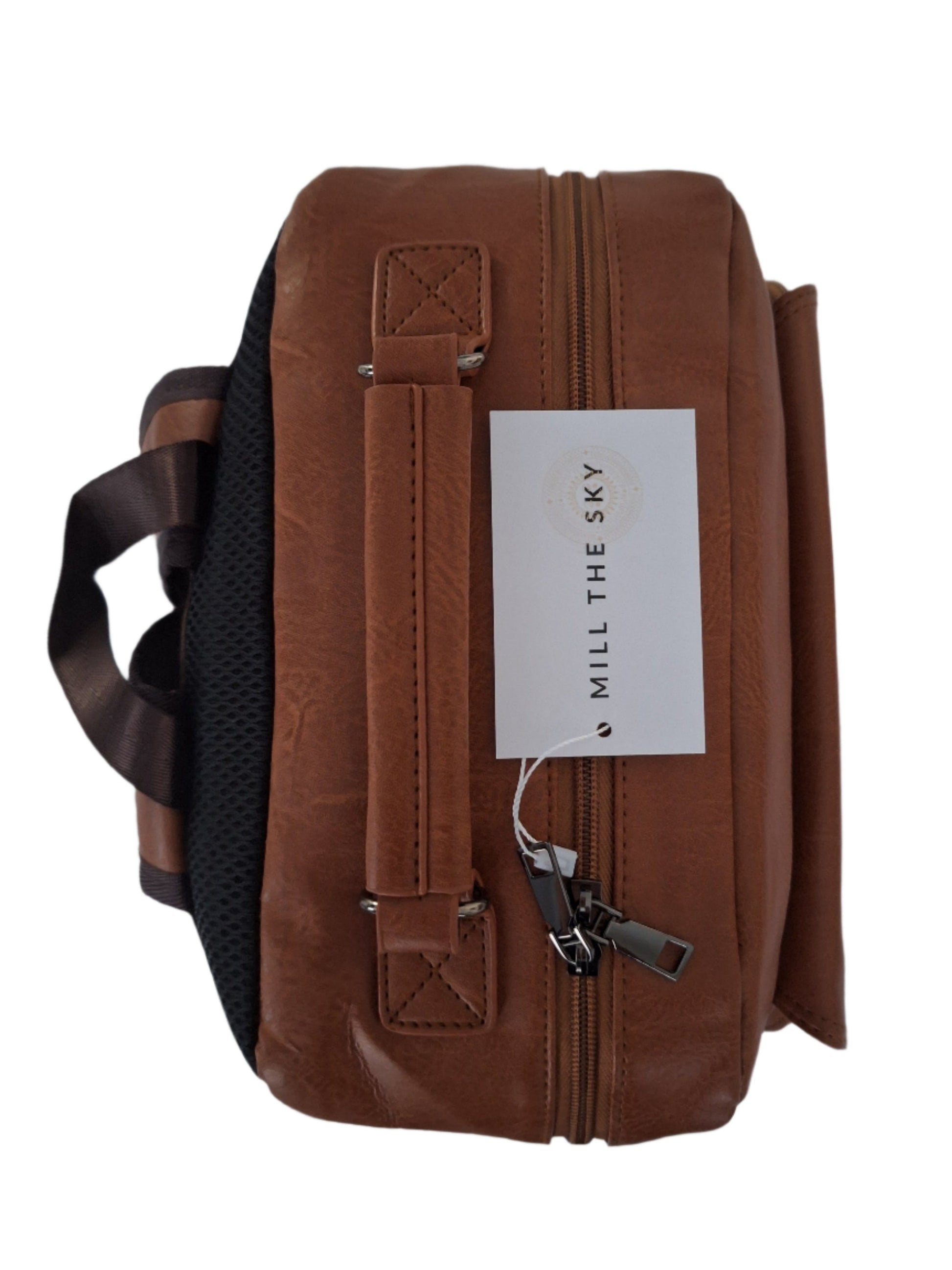 Mill The Sky: Caramel-BLOC Square Distressed Faux Leather Fold & Top Hold Backpack. JET BLACK. Heavy Duty Mesh Straps Mill The Sky