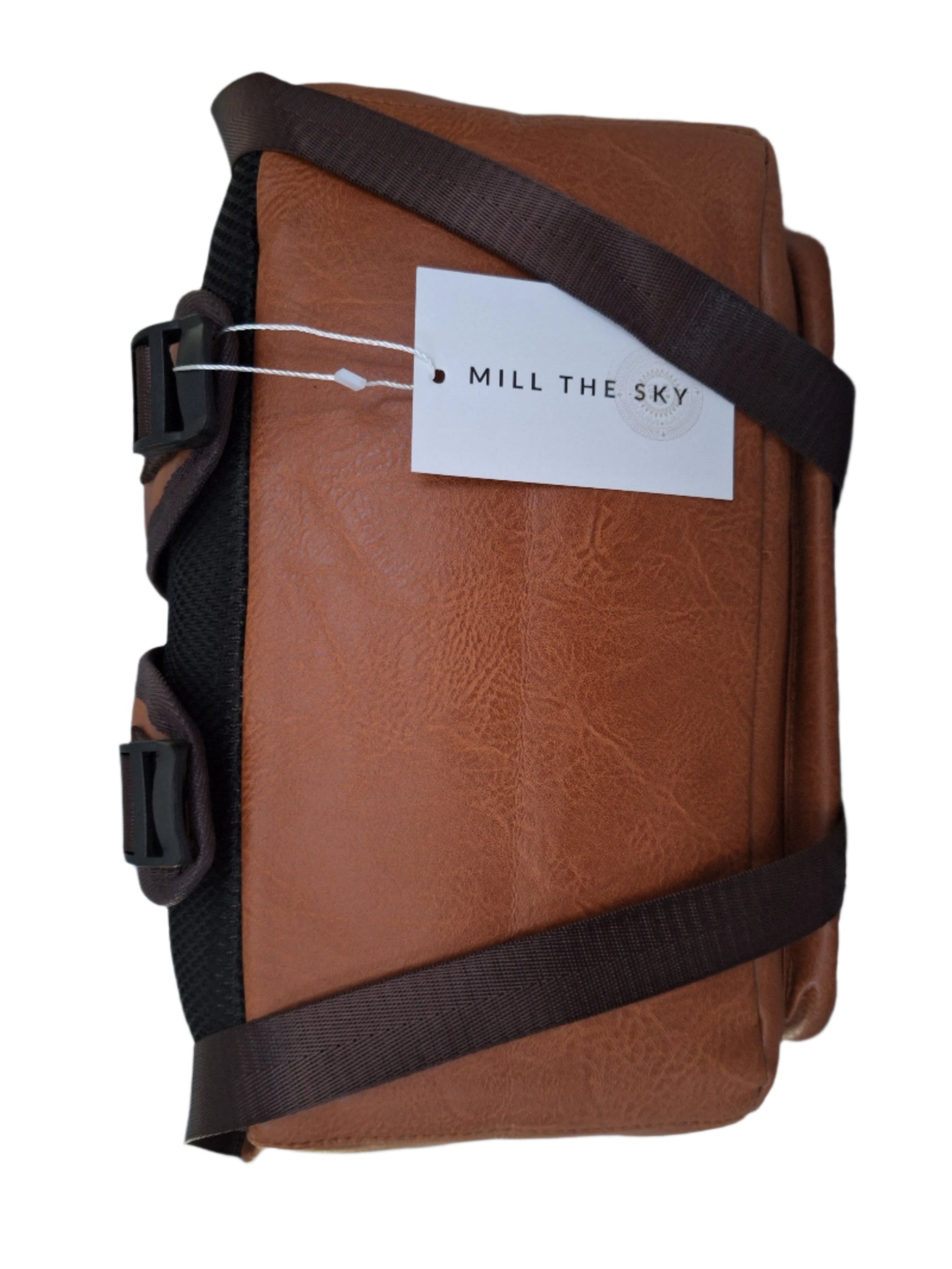Mill The Sky: Caramel-BLOC Square Distressed Faux Leather Fold & Top Hold Backpack. JET BLACK. Heavy Duty Mesh Straps Mill The Sky