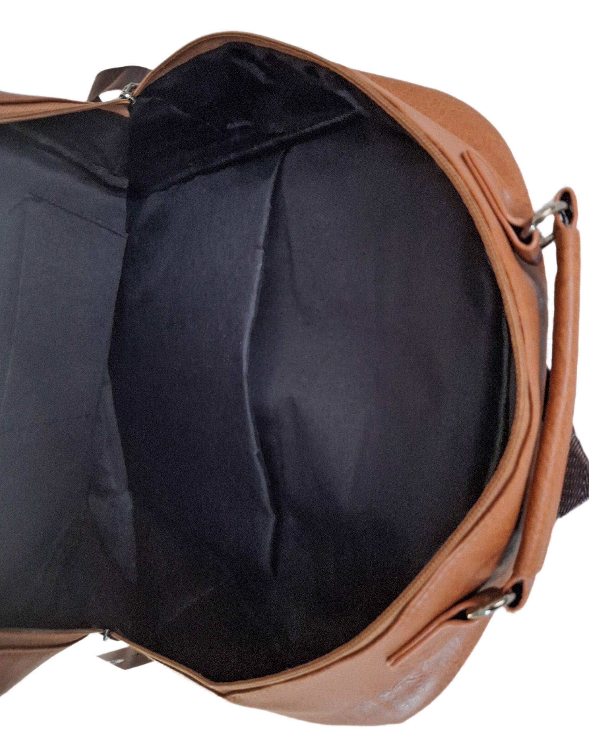 Mill The Sky: Caramel-BLOC Square Distressed Faux Leather Fold & Top Hold Backpack. JET BLACK. Heavy Duty Mesh Straps Mill The Sky