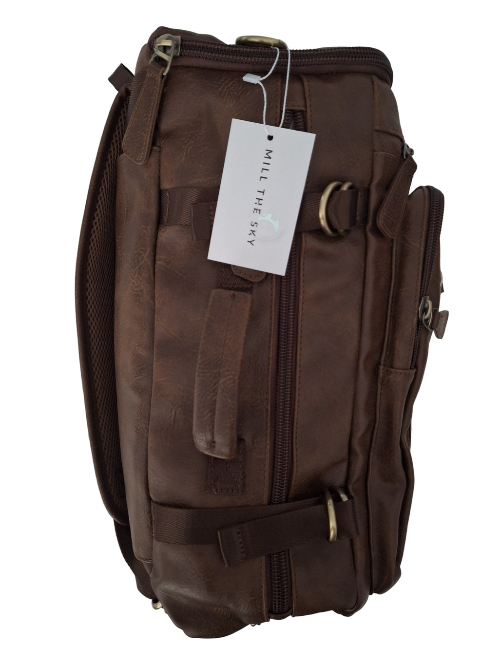 Mill The Sky: Super-MOOCH Large Rustic Tough Faux Leather World Travel Backpack. WASHED MOCCA BROWN. Distressed. Handmade. (Copy) Mill The Sky