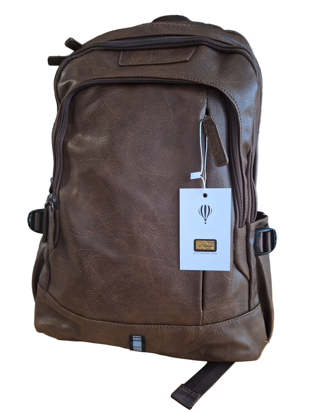 Mill The Sky: Super-MOOCH Large Rustic Tough Faux Leather World Travel Backpack. WASHED MOCCA BROWN. Distressed. Handmade (Copy) Mill The Sky