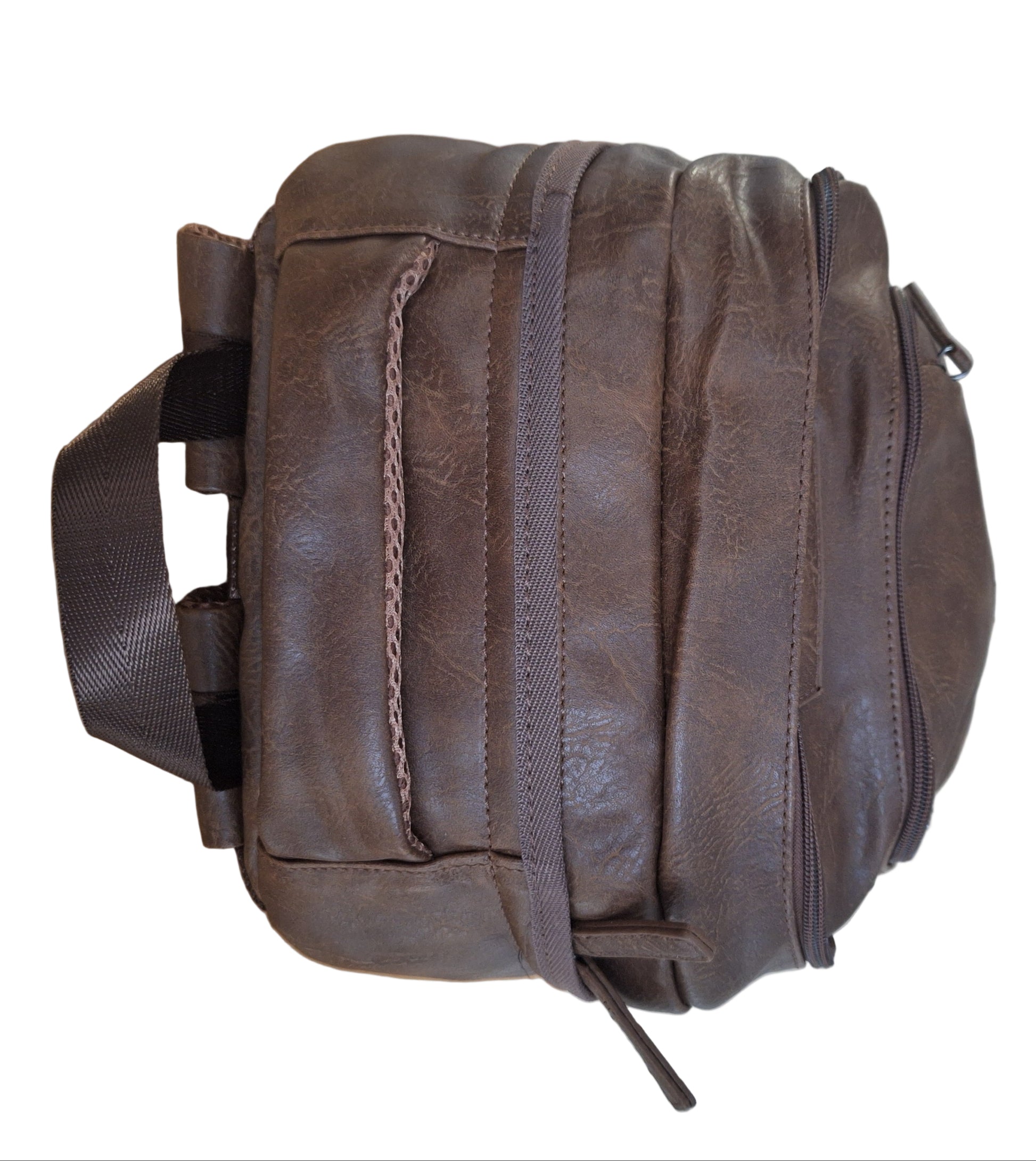 Mill The Sky: Super-MOOCH Large Rustic Tough Faux Leather World Travel Backpack. WASHED MOCCA BROWN. Distressed. Handmade (Copy) Mill The Sky