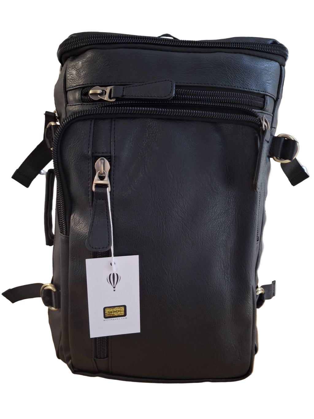 Mill The Sky: Super-MOOCH Large Rustic Tough Faux Leather World Travel Backpack. ASH BLACK. Distressed. Handmade Mill The Sky