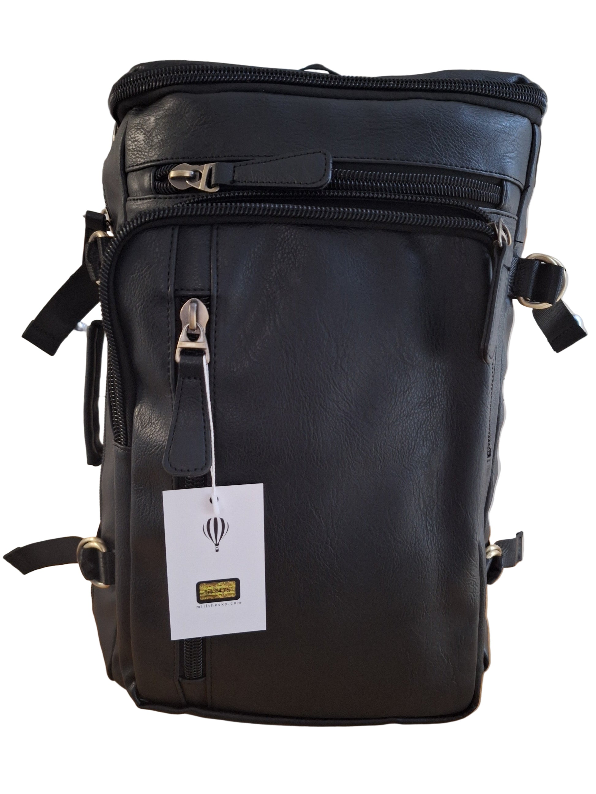 Mill The Sky: Super-MOOCH Large Rustic Tough Faux Leather World Travel Backpack. ASH BLACK. Distressed. Handmade Mill The Sky