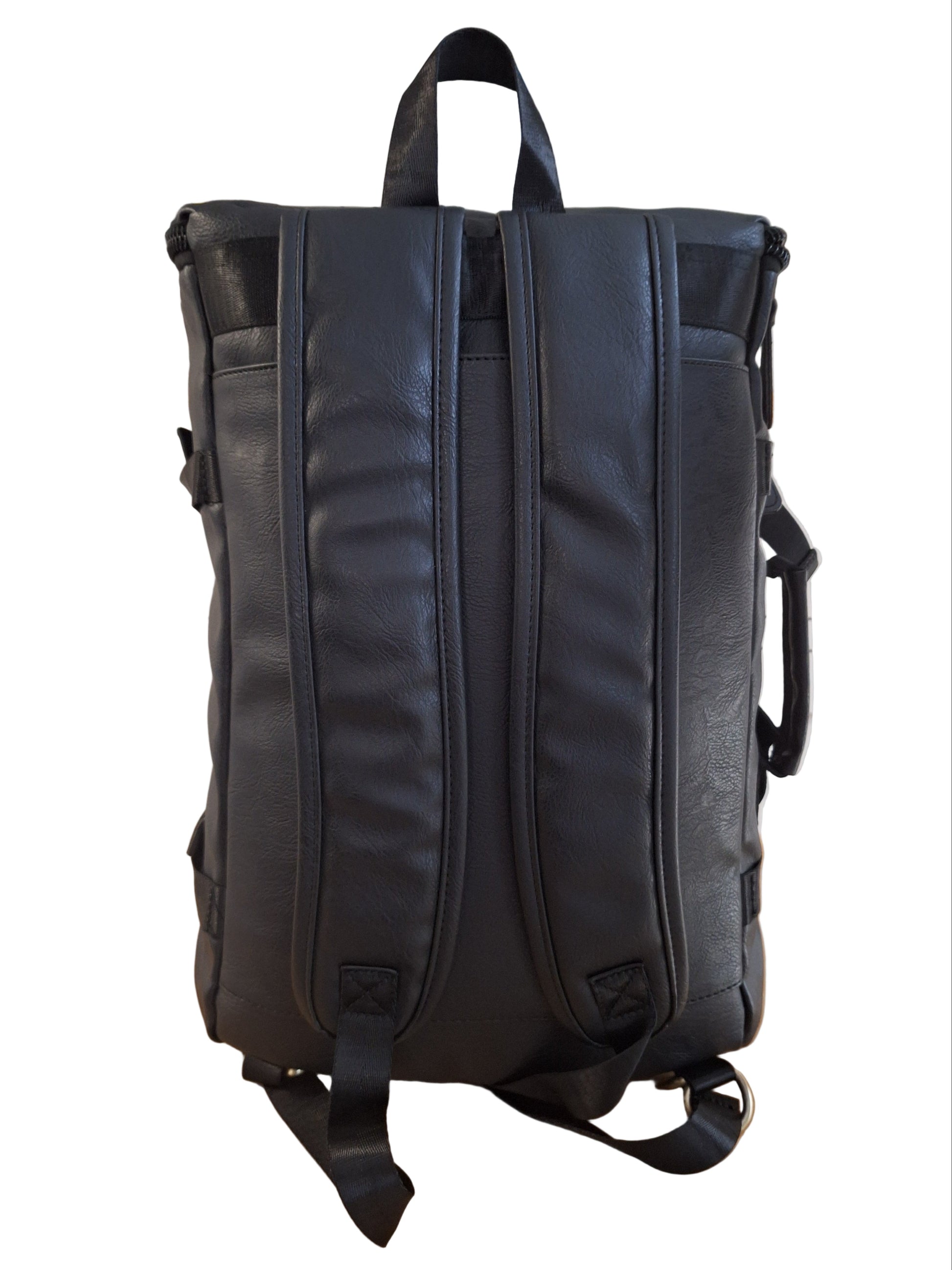 Mill The Sky: Super-MOOCH Large Rustic Tough Faux Leather World Travel Backpack. ASH BLACK. Distressed. Handmade Mill The Sky