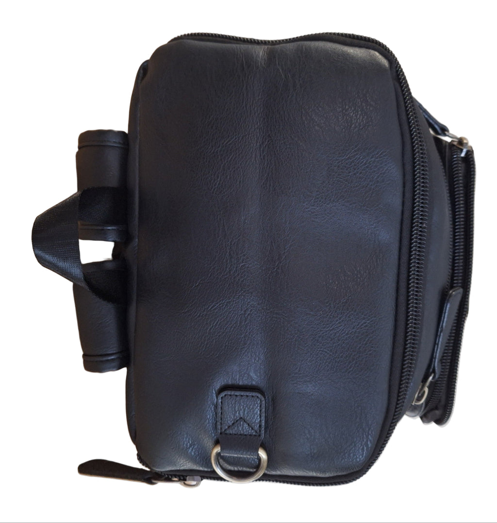 Mill The Sky: Super-MOOCH Large Rustic Tough Faux Leather World Travel Backpack. ASH BLACK. Distressed. Handmade Mill The Sky