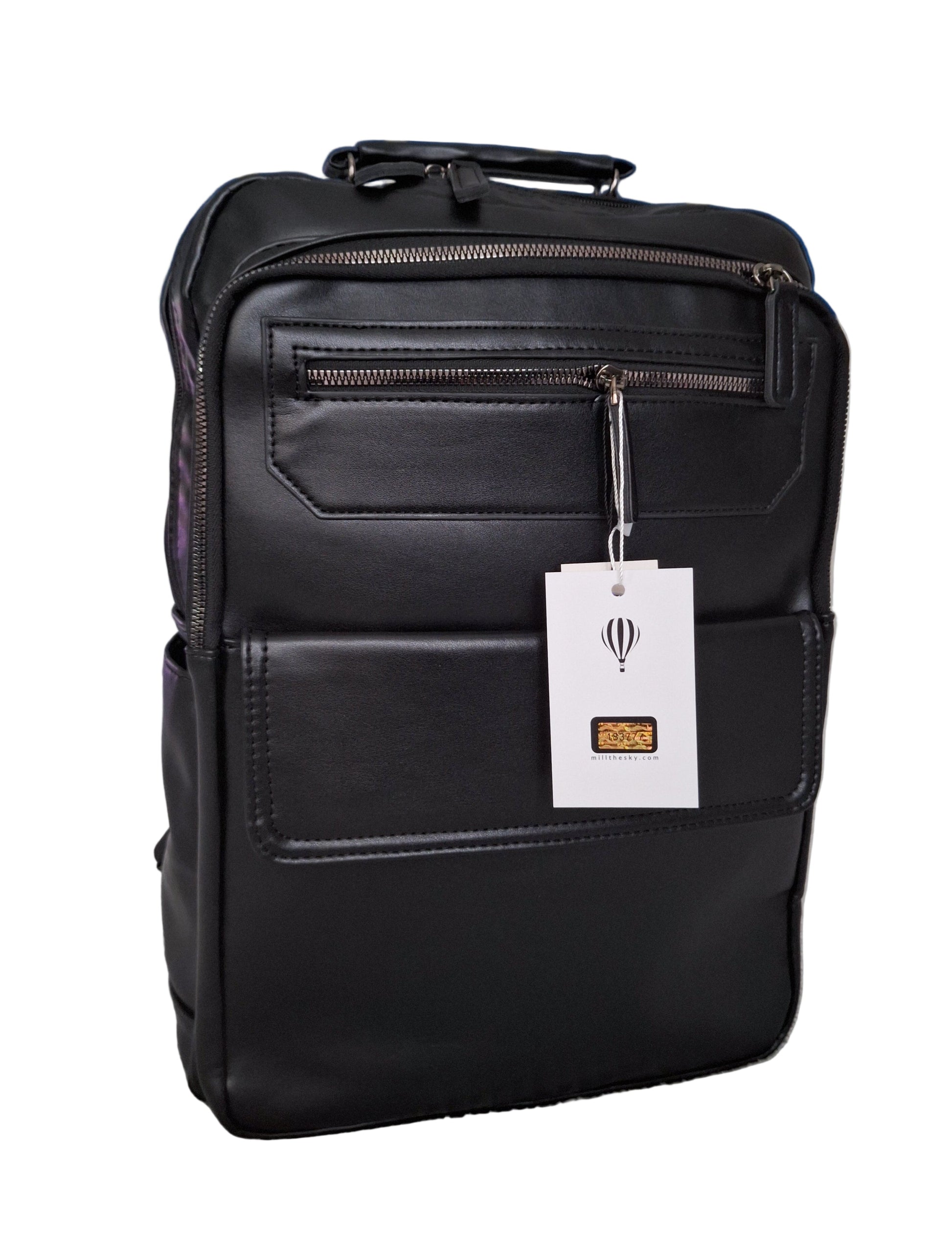 Mill The Sky: Roam-EXEC Square Format Thick Faux Leather City Professional Protective Ultrabook / Laptop Backpack. JET BLACK Mill The Sky