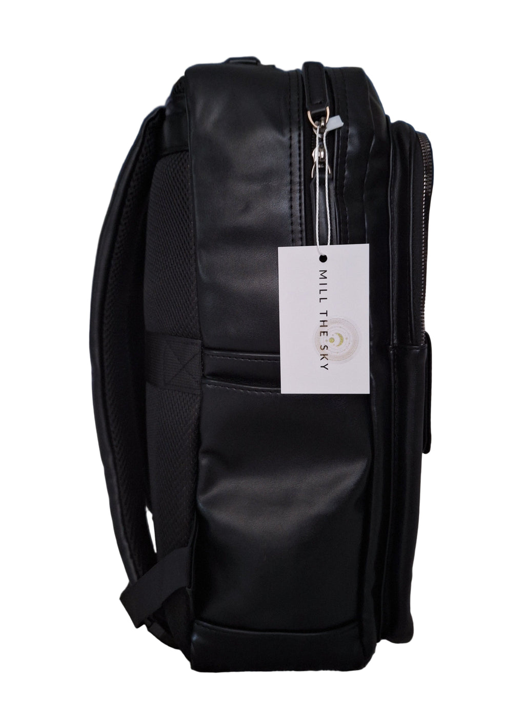 Mill The Sky: Roam-EXEC Square Format Thick Faux Leather City Professional Protective Ultrabook / Laptop Backpack. JET BLACK Mill The Sky