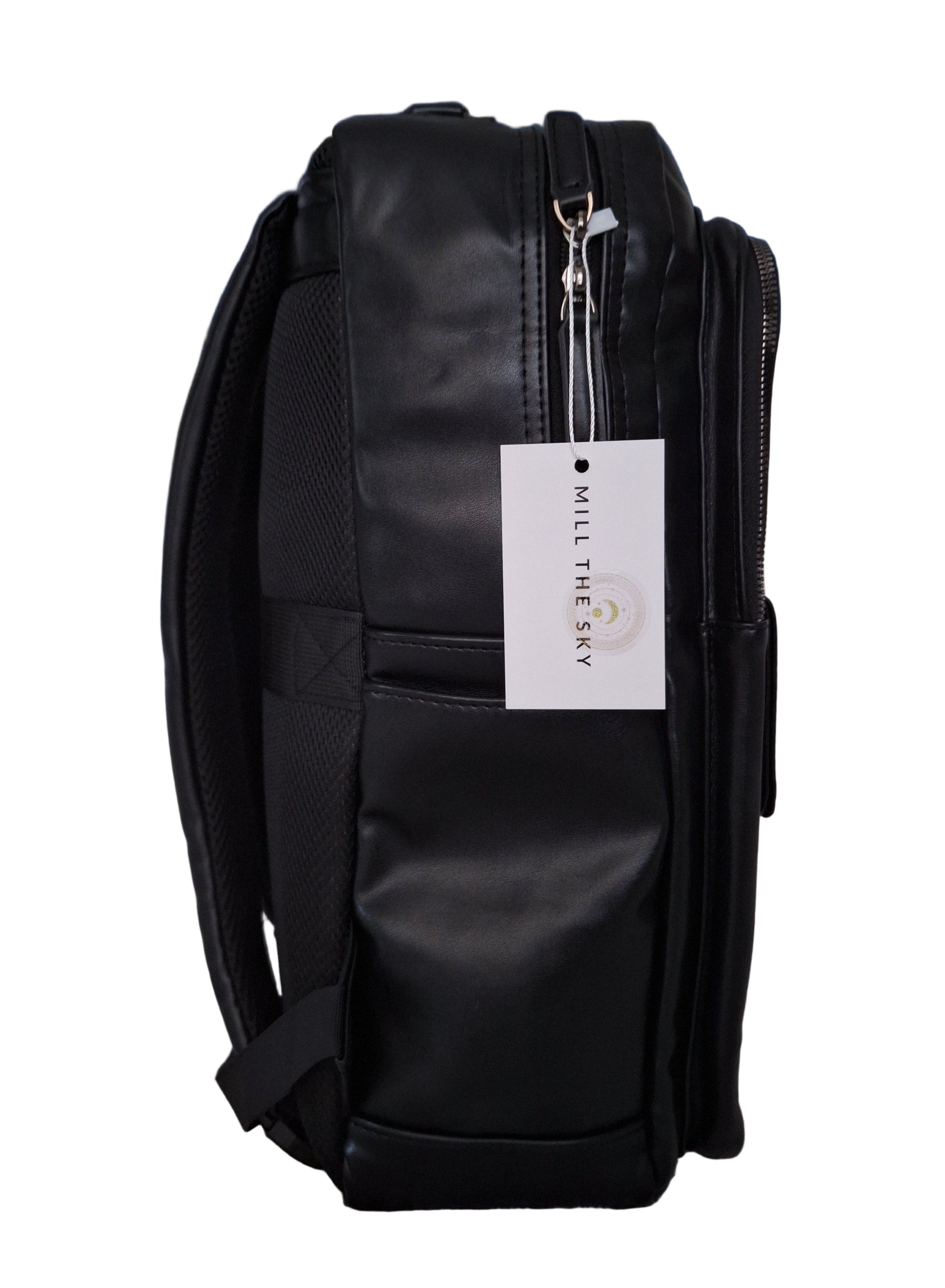 Mill The Sky: Roam-EXEC Square Format Thick Faux Leather City Professional Protective Ultrabook / Laptop Backpack. JET BLACK Mill The Sky