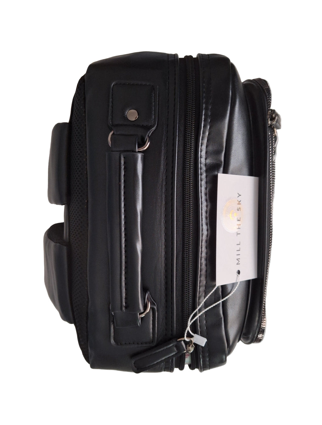 Mill The Sky: Roam-EXEC Square Format Thick Faux Leather City Professional Protective Ultrabook / Laptop Backpack. JET BLACK Mill The Sky