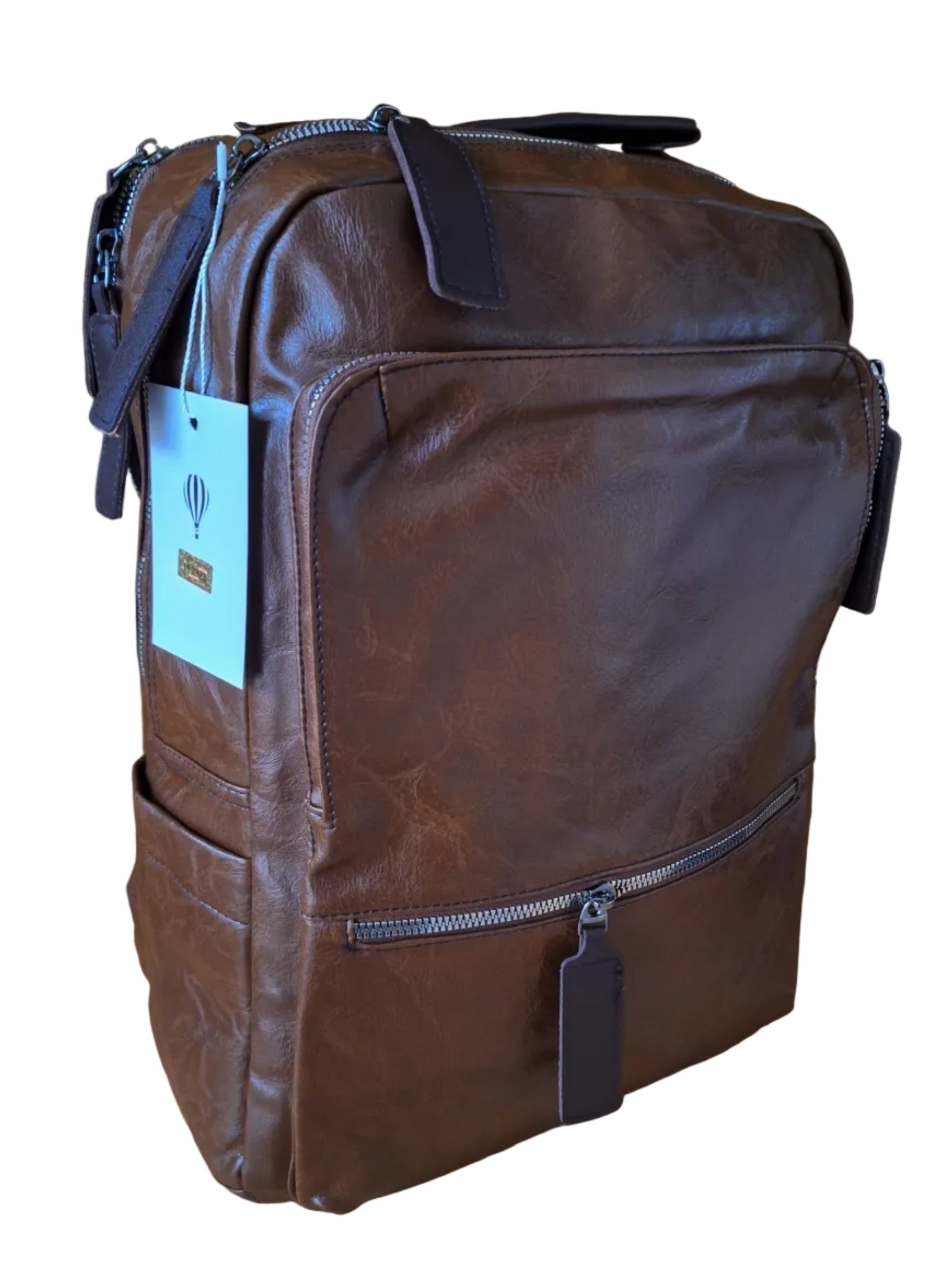Mill The Sky: College-DROPOUT Double Mail Compartment Rustic Travel College School Backpack in Milk Chocolate Brown. Faux Leather. Mill The Sky