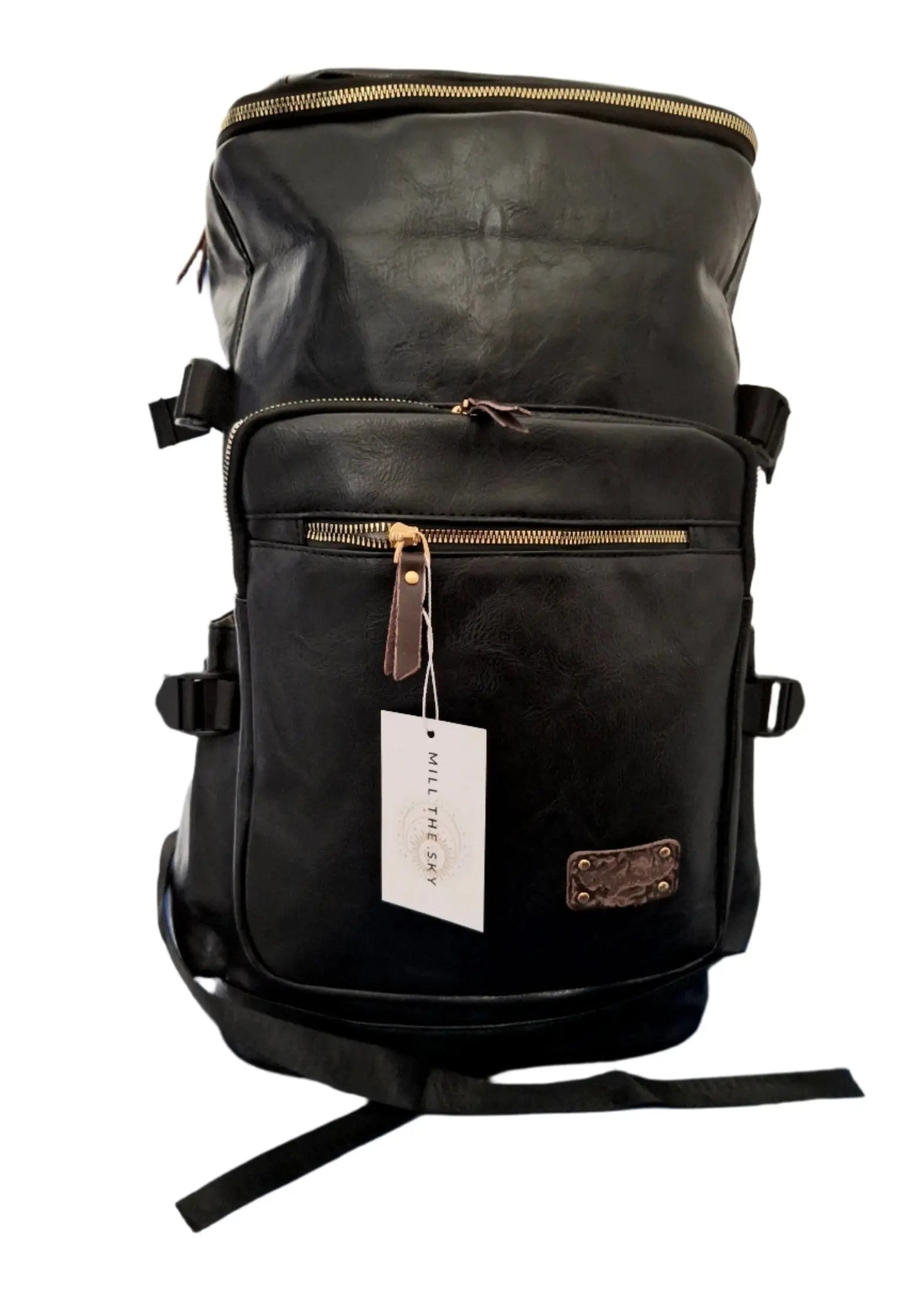 Mill The Sky: Big-TALLER Large Distressed Faux Leather Hiking & Travel Backpack. JET BLACK. Extra Large Tall 50cm Capacity Format
