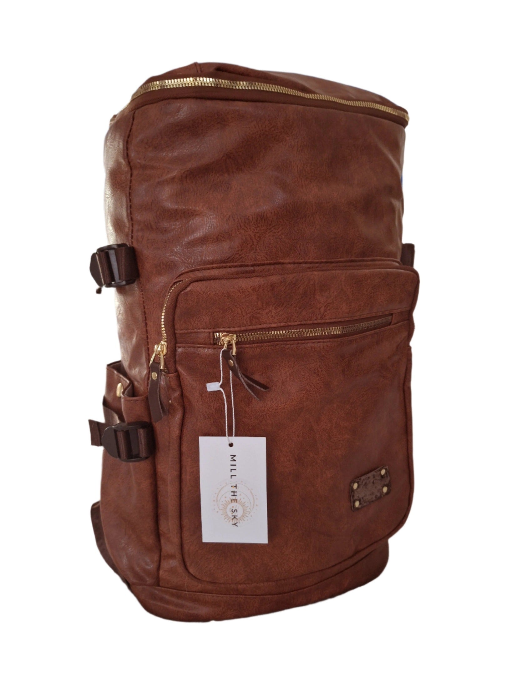 Mill The Sky: Big-TALLER Large Distressed Faux Leather Hiking & Travel Backpack. WASHED RUSTED TAN. Extra Large Tall 50cm Capacity Format