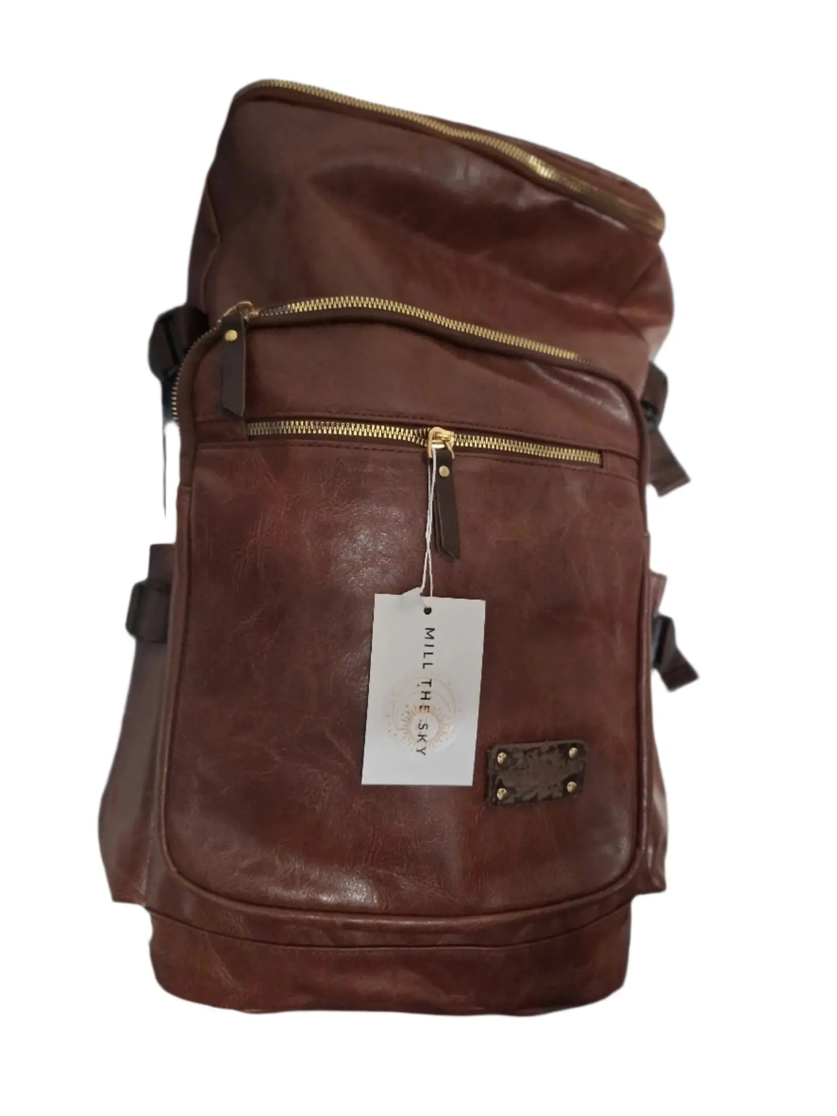 Mill The Sky: Big-TALLER Large Distressed Faux Leather Hiking & Travel Backpack. MOCCA BROWN. Extra Large Tall 50cm Capacity Format