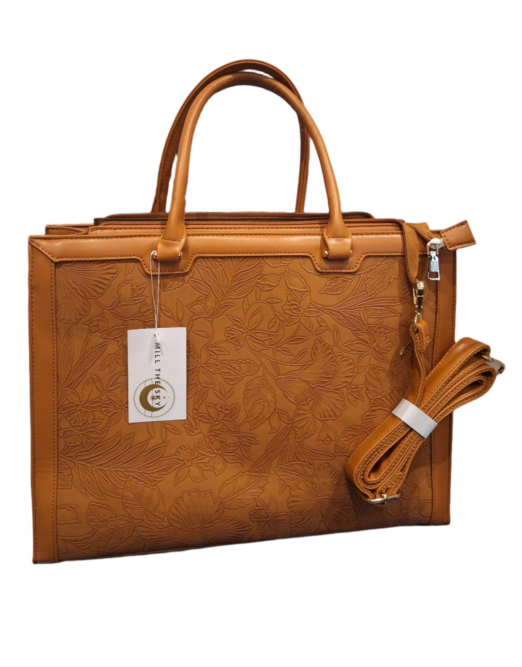 Mill The Sky: Chic-EXEC Large Embossed Women's Executive Office Study Laptop Bag. FLAT TAN