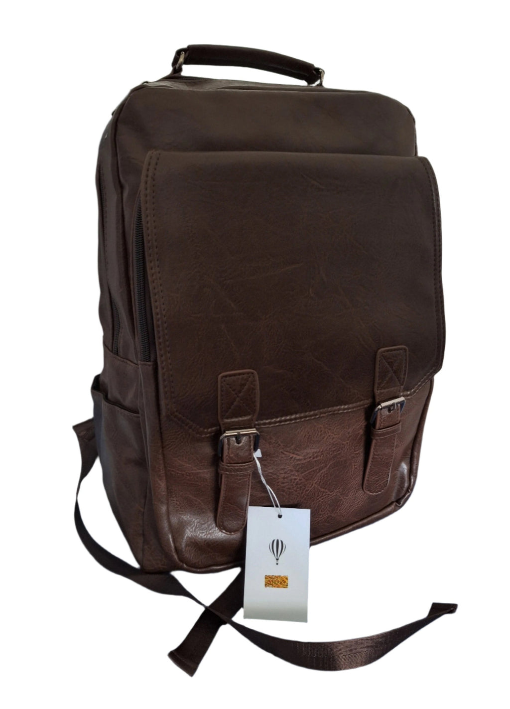 Mill The Sky: Choc-BLOC Square Distressed Faux Leather Fold & Top Hold Backpack. DARK BROWN. Heavy Duty Mesh Straps